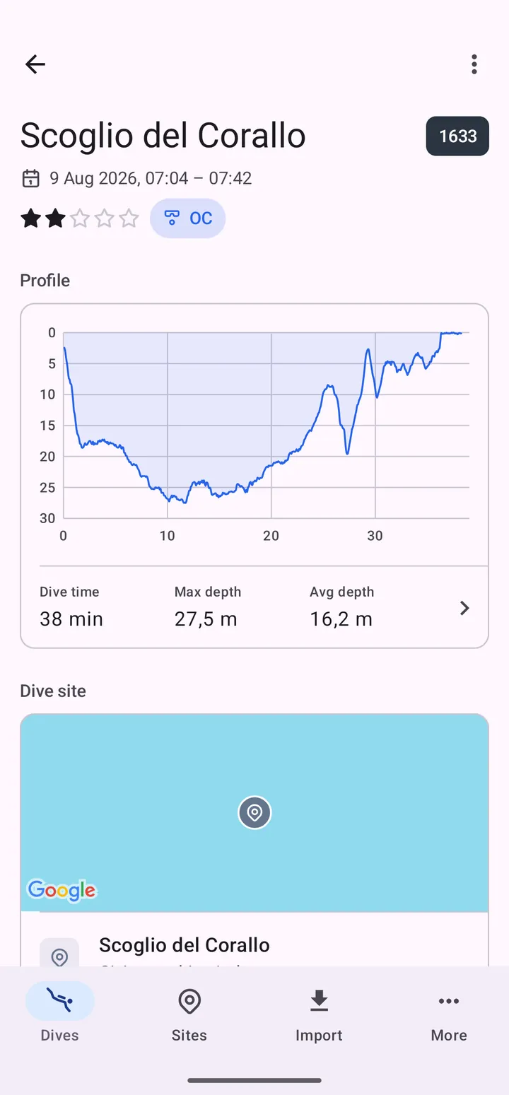 A dive on Android: Scoglio del Corallo, with its depth profile, dive time, max and average depth, and the dive site map