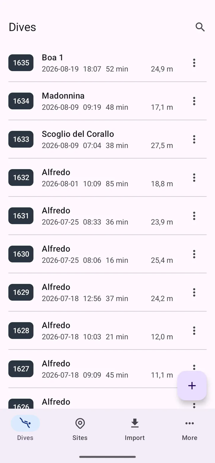 The dive list on Android, each row with its number, site, date, duration and depth
