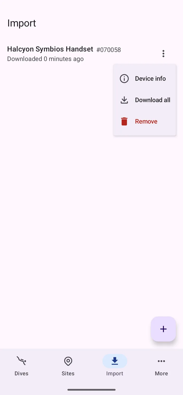 The Import tab on Android, with a paired Halcyon Symbios Handset and its Device info, Download all and Remove menu