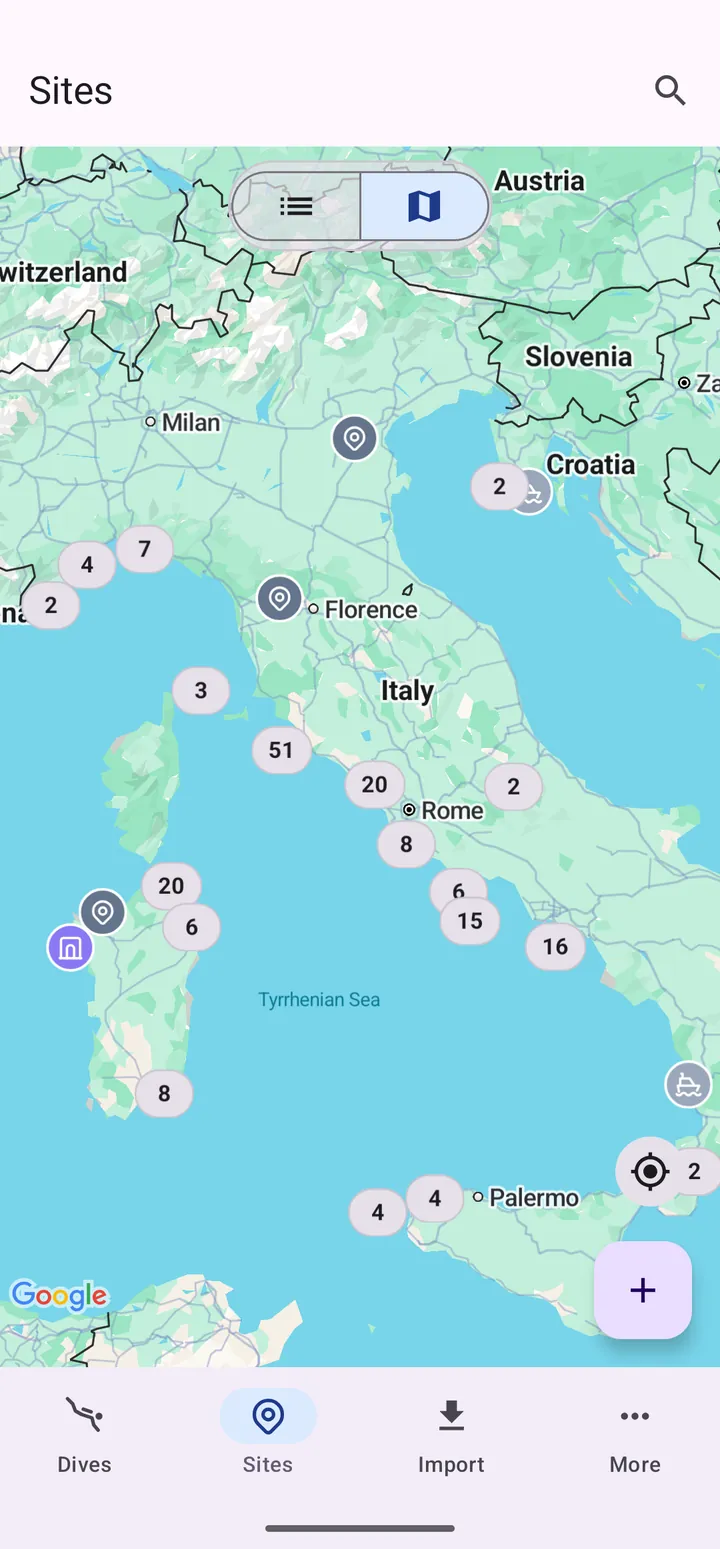 The dive sites map on Android: sites around Italy, grouped into counts along the coast