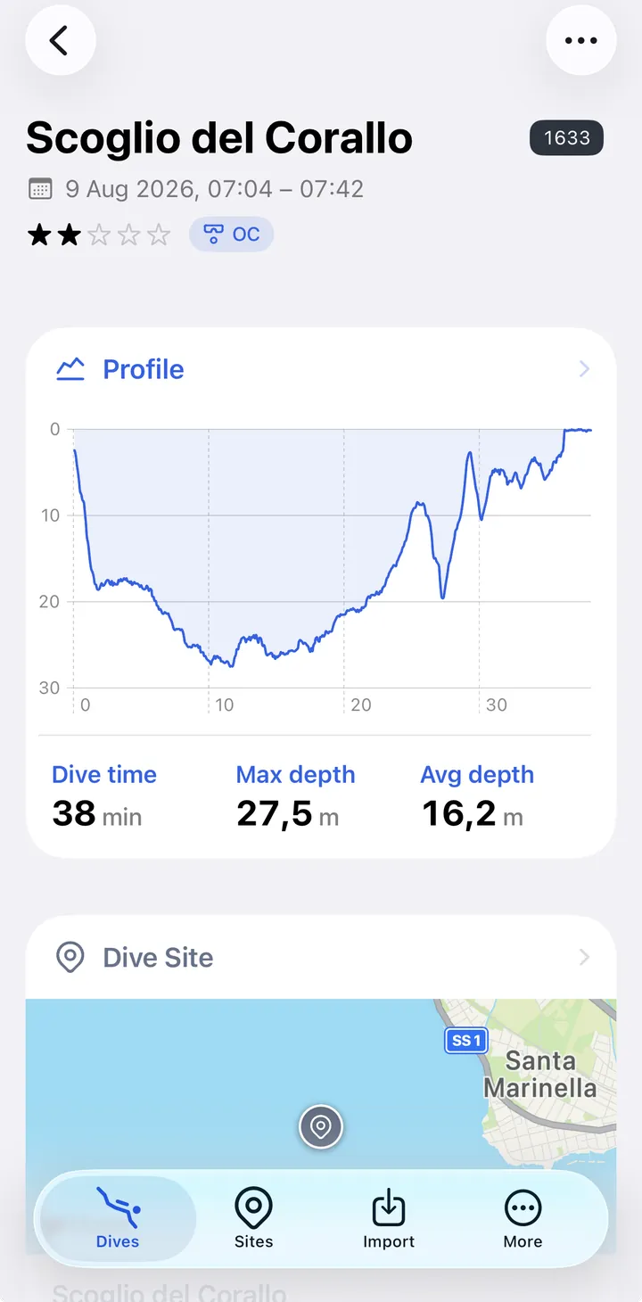 A dive on iPhone: Scoglio del Corallo, with its depth profile, dive time, max and average depth, and the dive site map