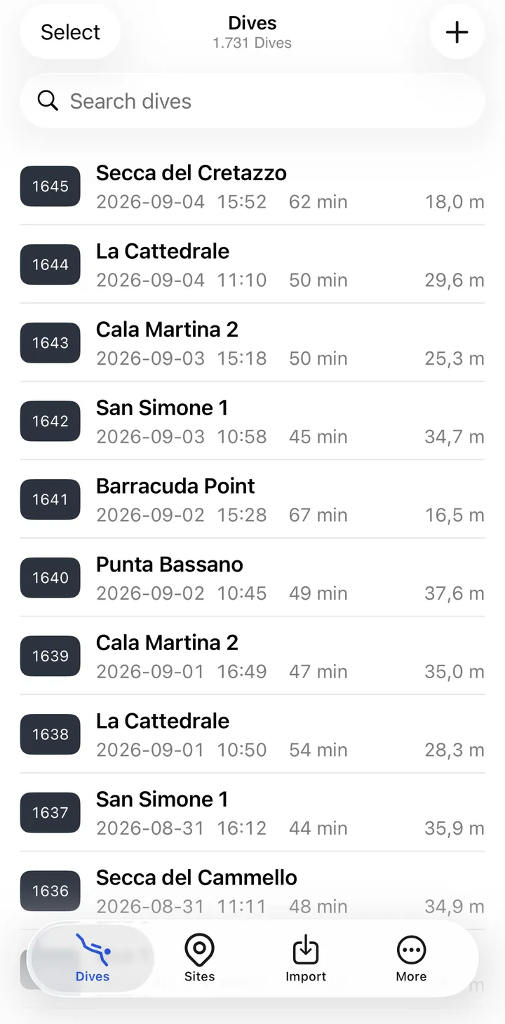 The dive list on iPhone: 1,731 dives, each row with its number, site, date, duration and depth