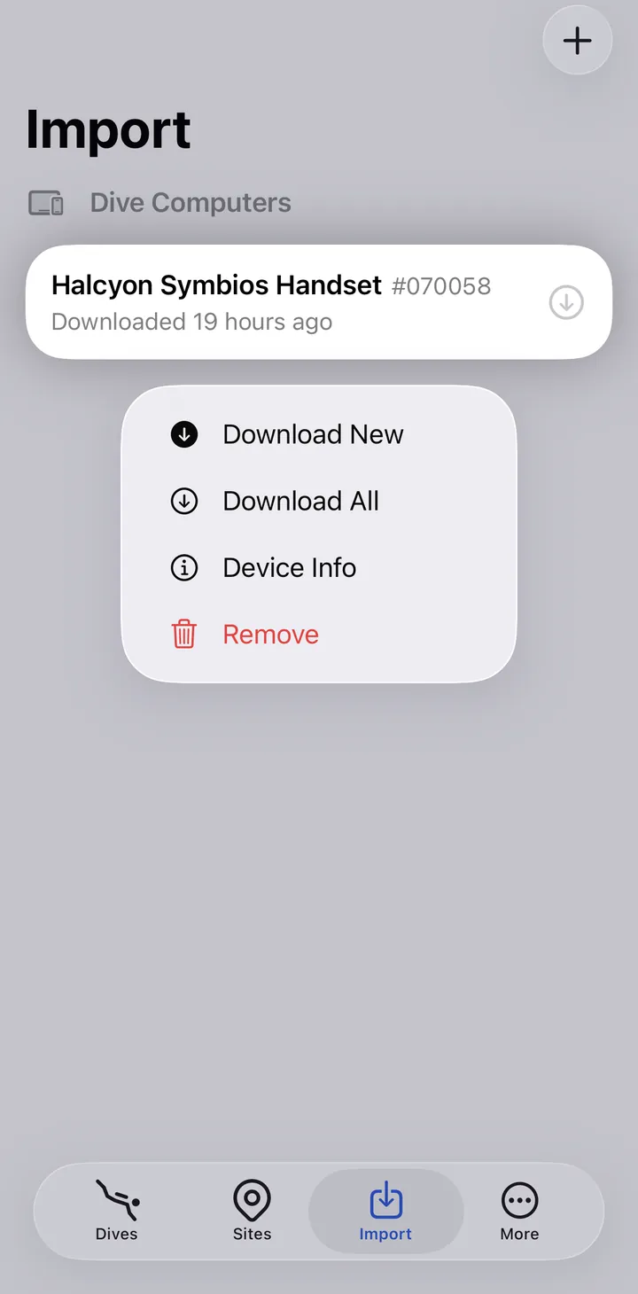 The Import tab on iPhone, with a paired Halcyon Symbios Handset and its Download New, Download All and Device Info menu