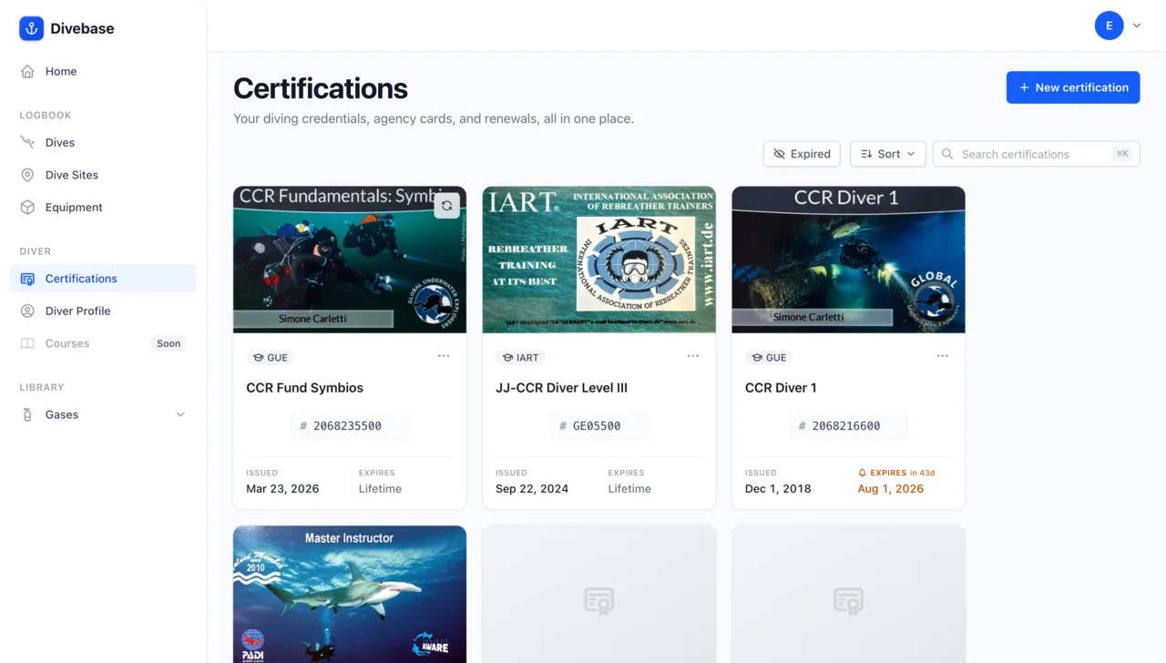 Divebase certifications page, with credential cards showing each agency, number and renewal date