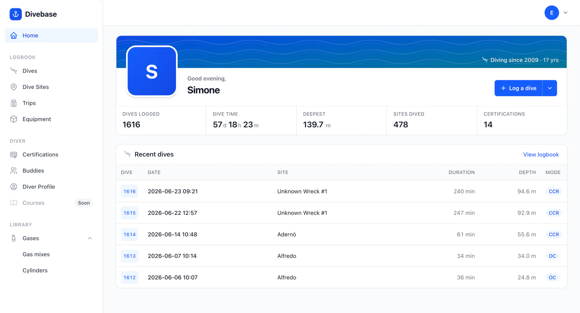 Divebase home dashboard, with logged-dive stats and a recent dives list