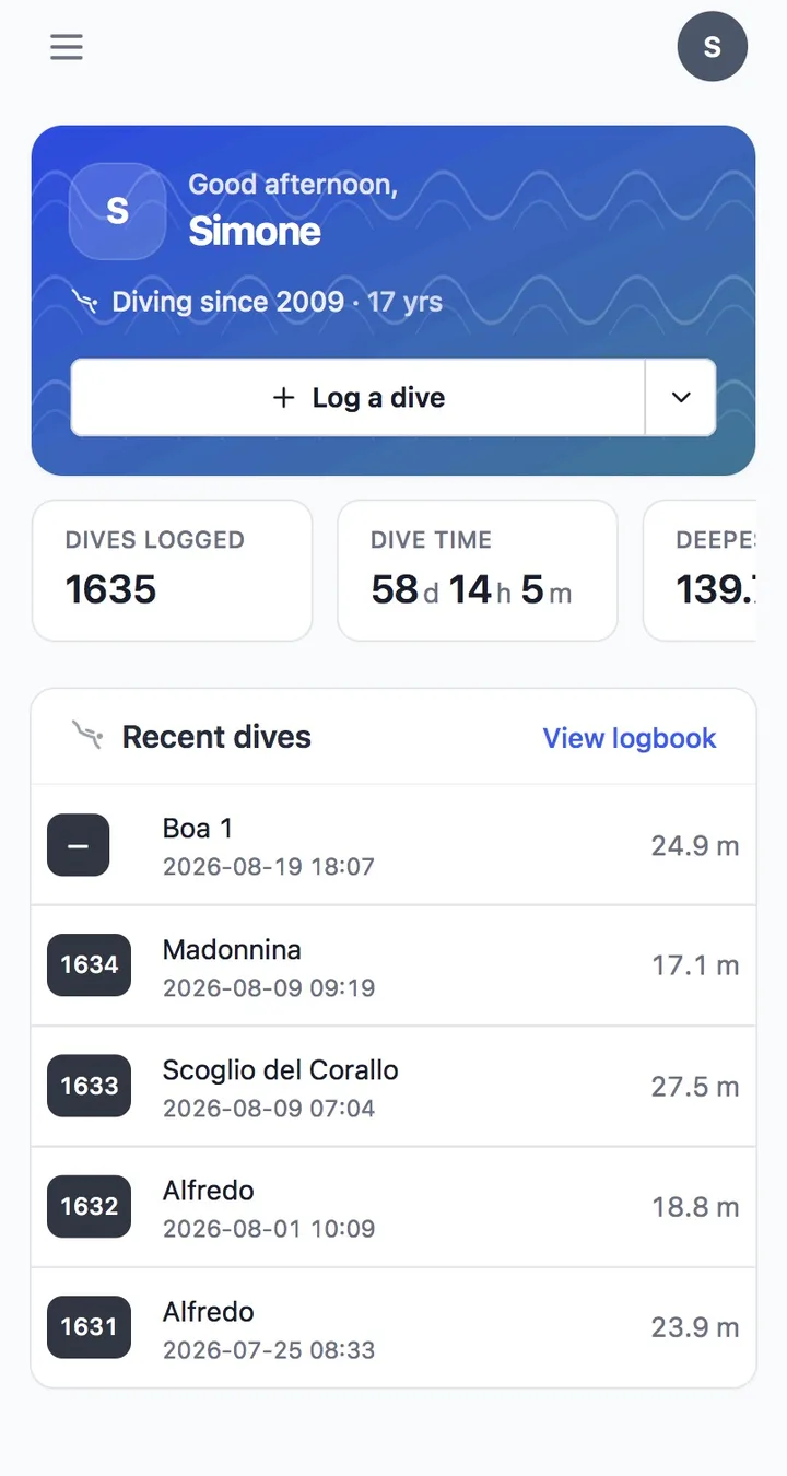 Divebase home dashboard on a phone, with the diver's stats and recent dives