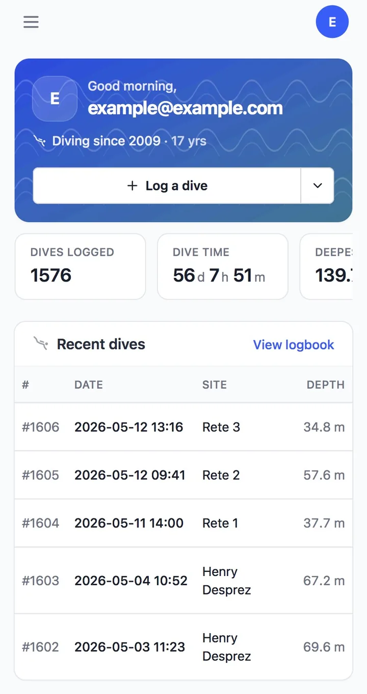 Divebase home dashboard on a phone, with the diver's stats and recent dives