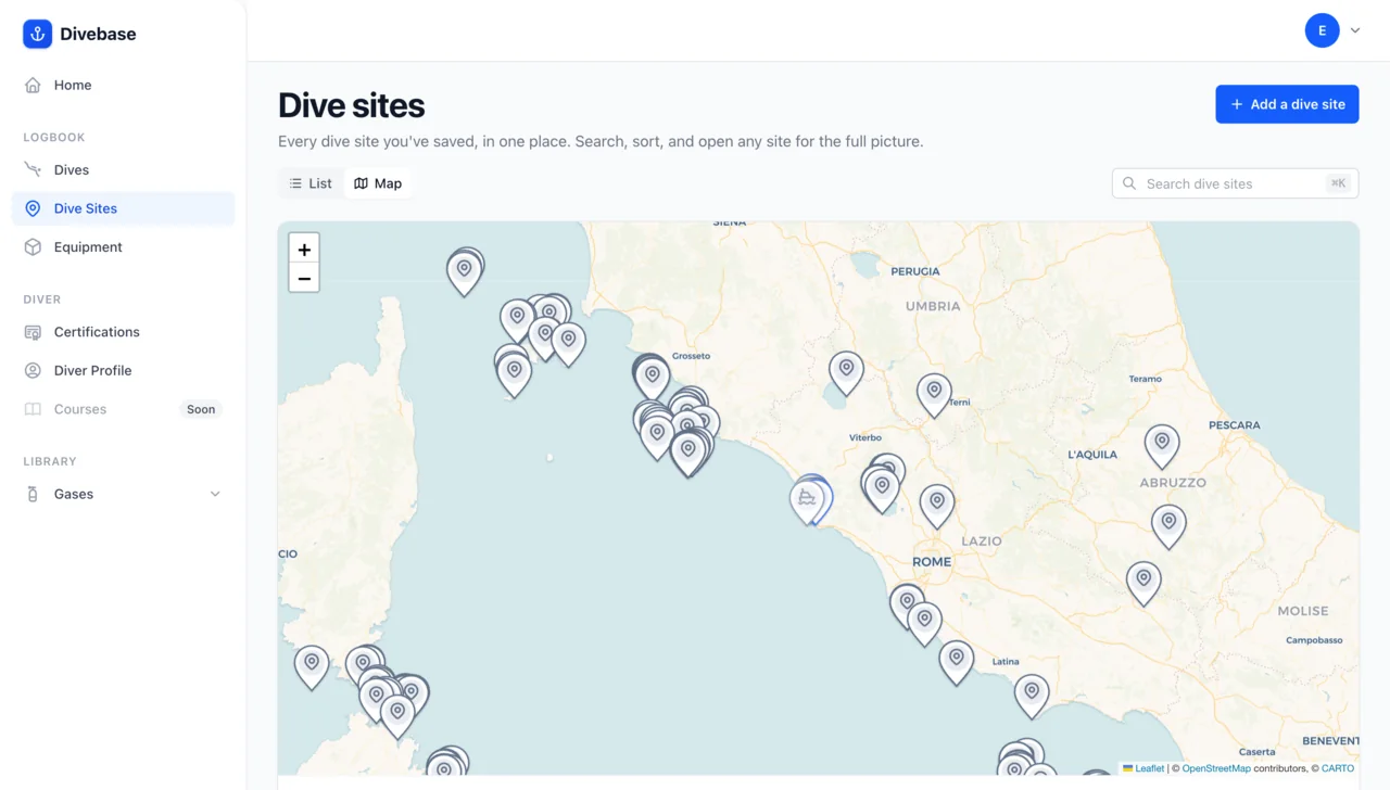 Divebase dive sites map, with saved sites pinned along the coastline