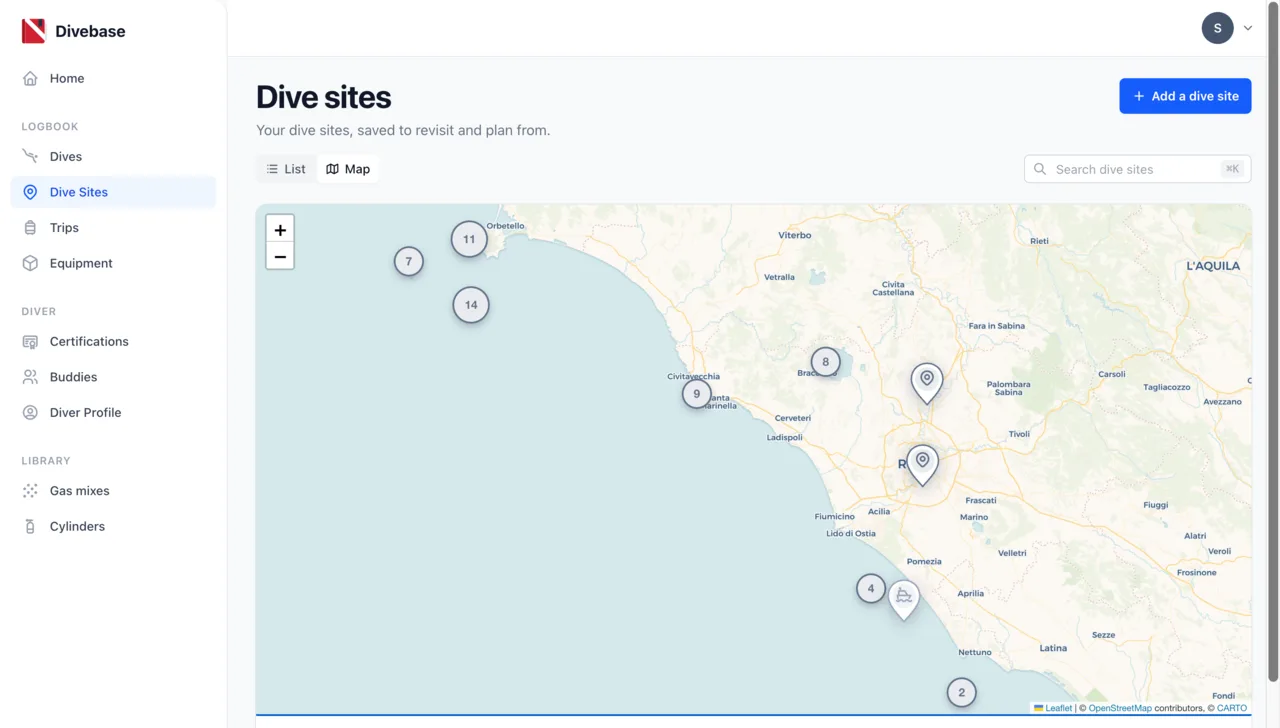 Divebase dive sites map, with saved sites pinned along the coastline