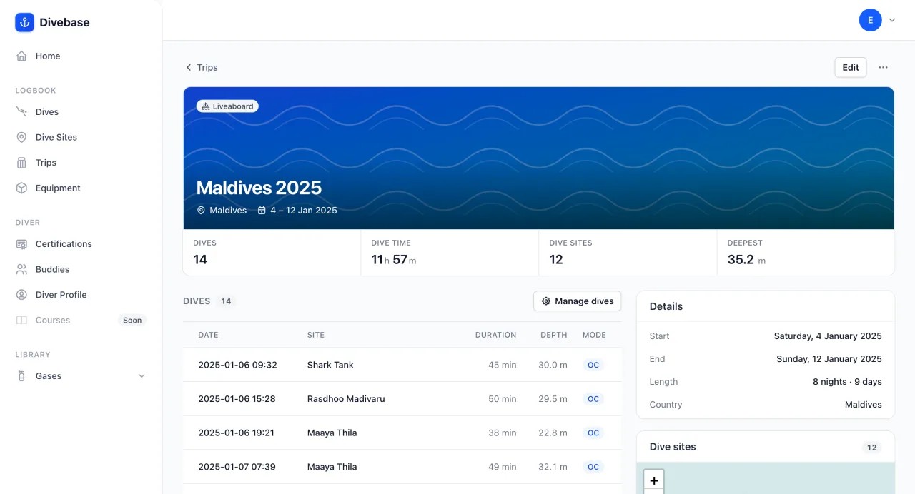 Divebase trip page, with the trip's totals, its grouped dives, and dive sites