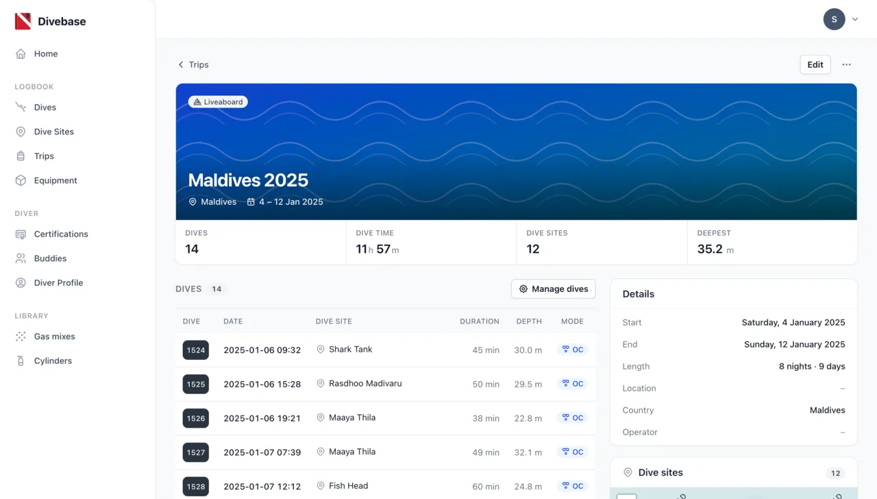 Divebase trip page, with the trip's totals, its grouped dives, and dive sites
