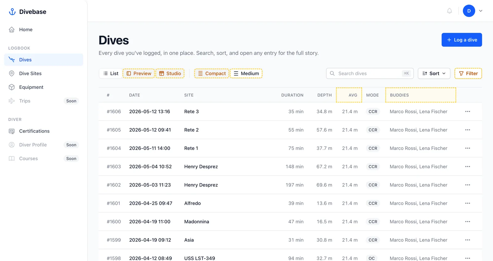 The Divebase dives logbook listing recent dives