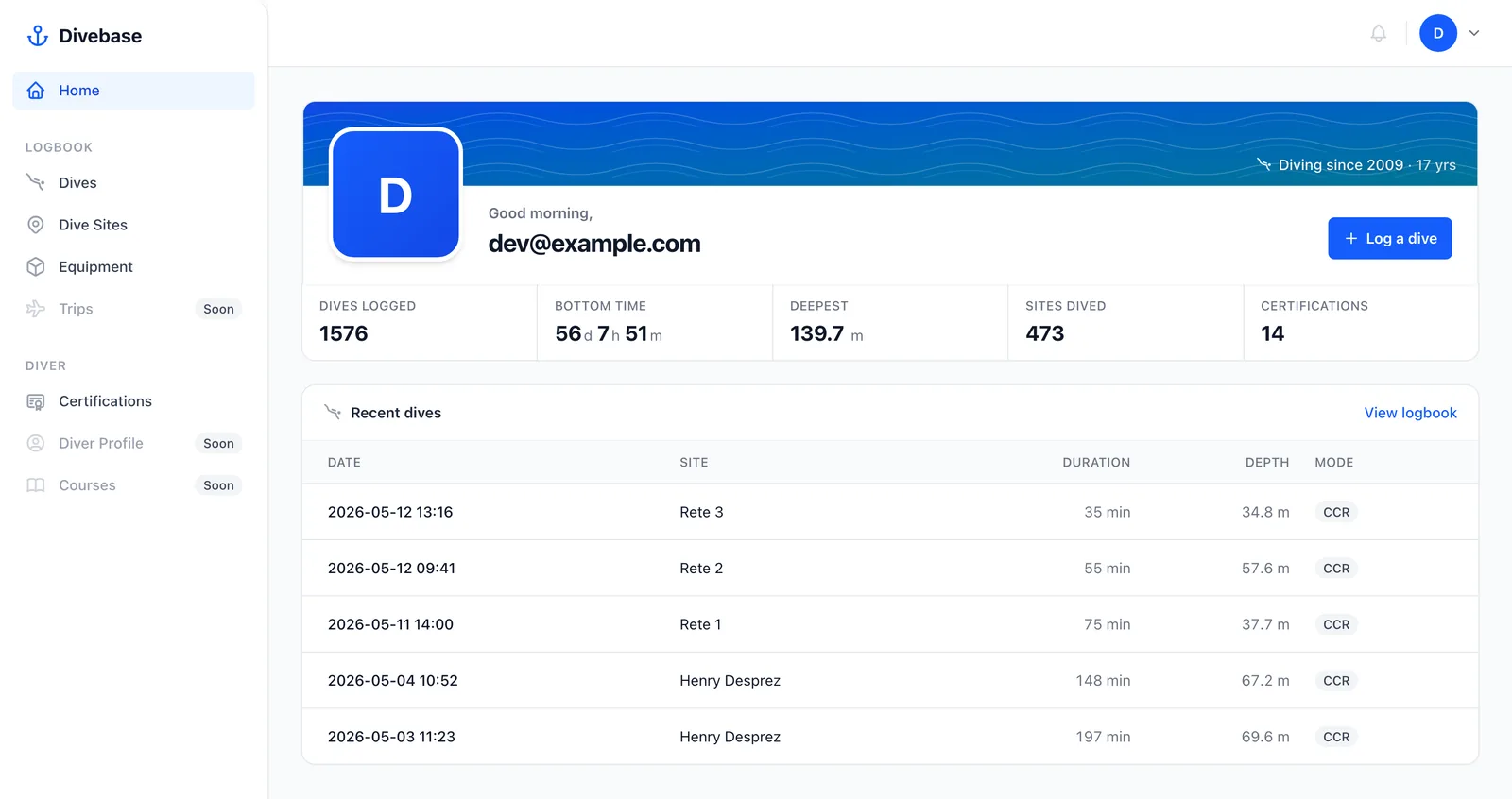 The Divebase home dashboard, showing diver stats and recent dives