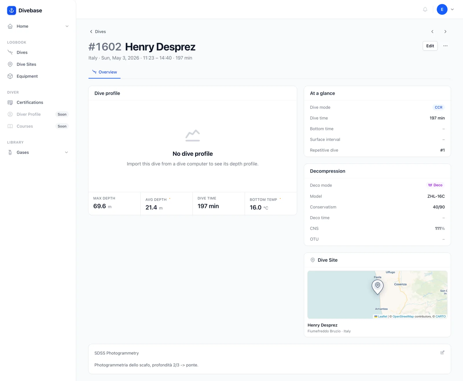The Divebase dive overview, summarizing the core details of a dive