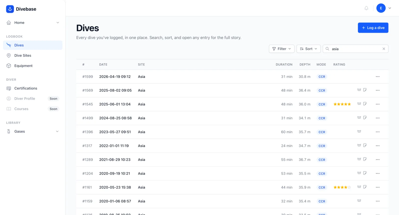 The Divebase dive list being searched and filtered
