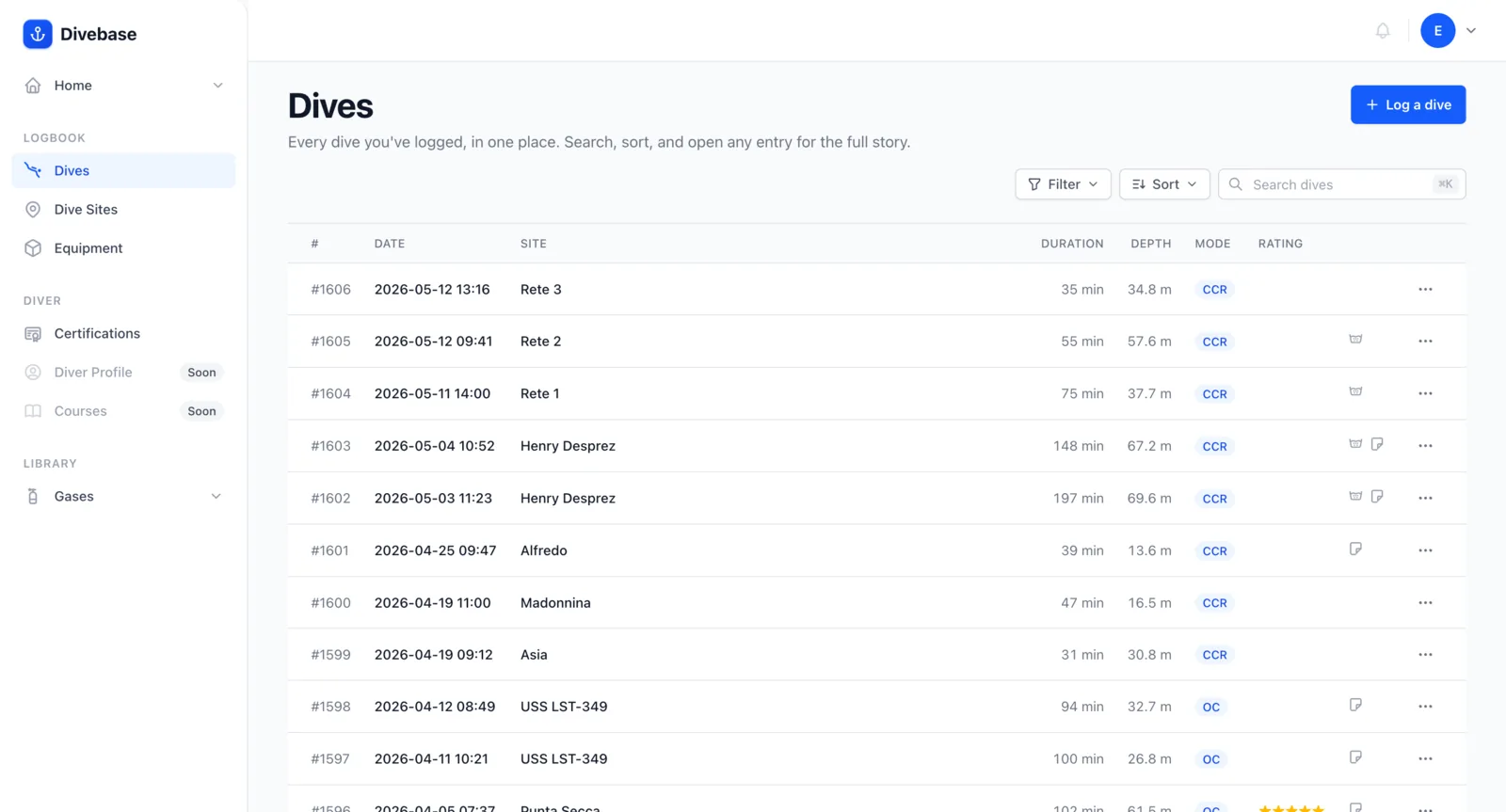 The Divebase dive list, with side icons surfacing each dive's key traits