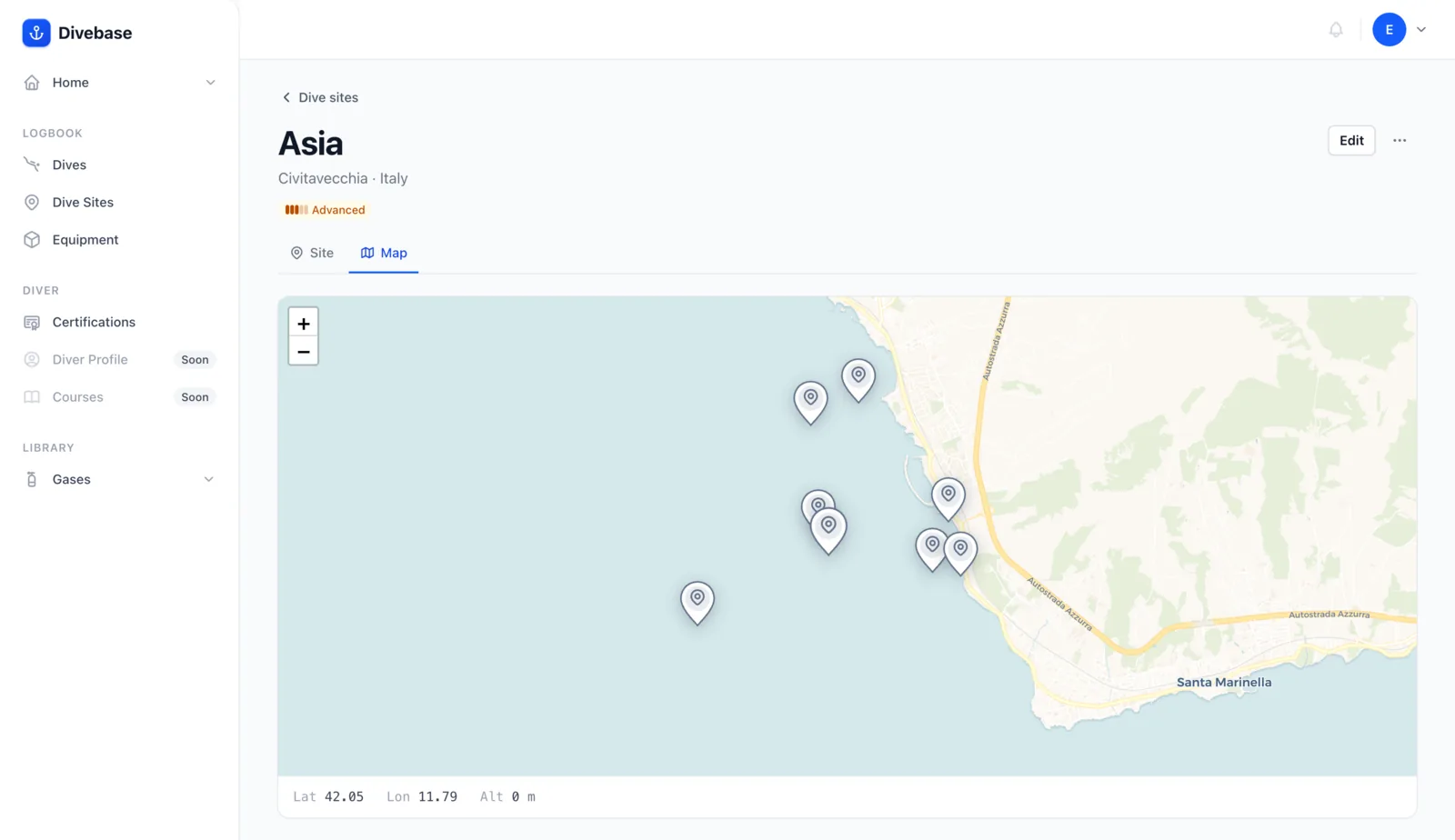 The Divebase dive sites map, plotting the whole collection at once