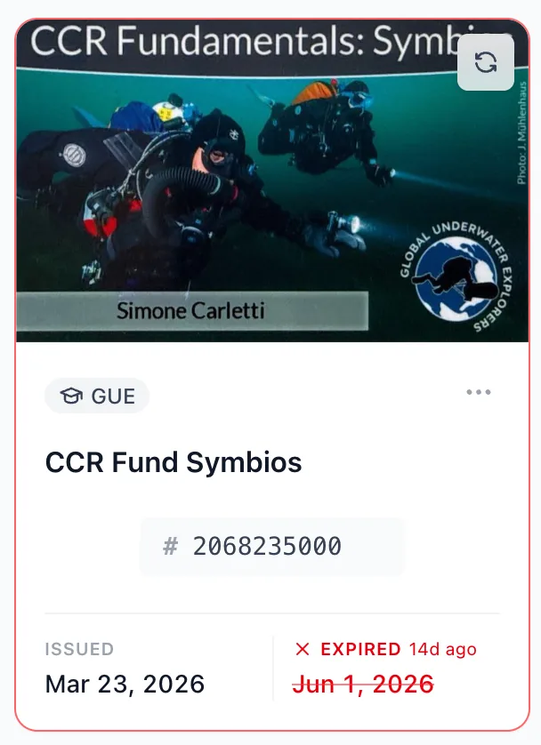 A Divebase certification card flagged as expired