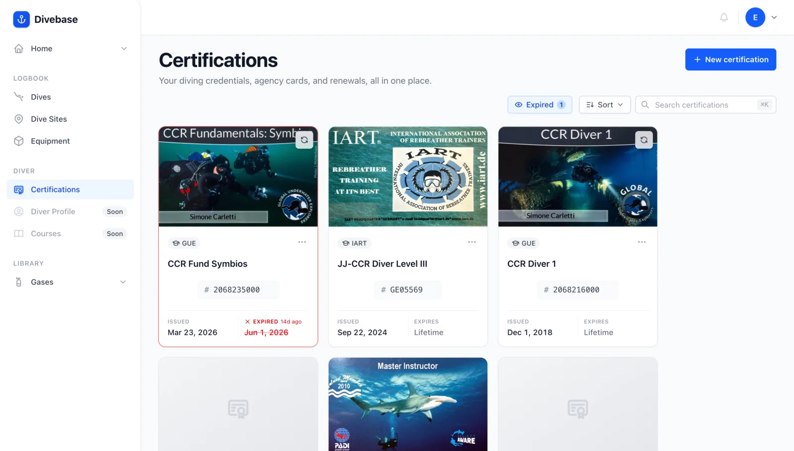 The Divebase certifications list with the Expired filter on, surfacing a credential that has lapsed
