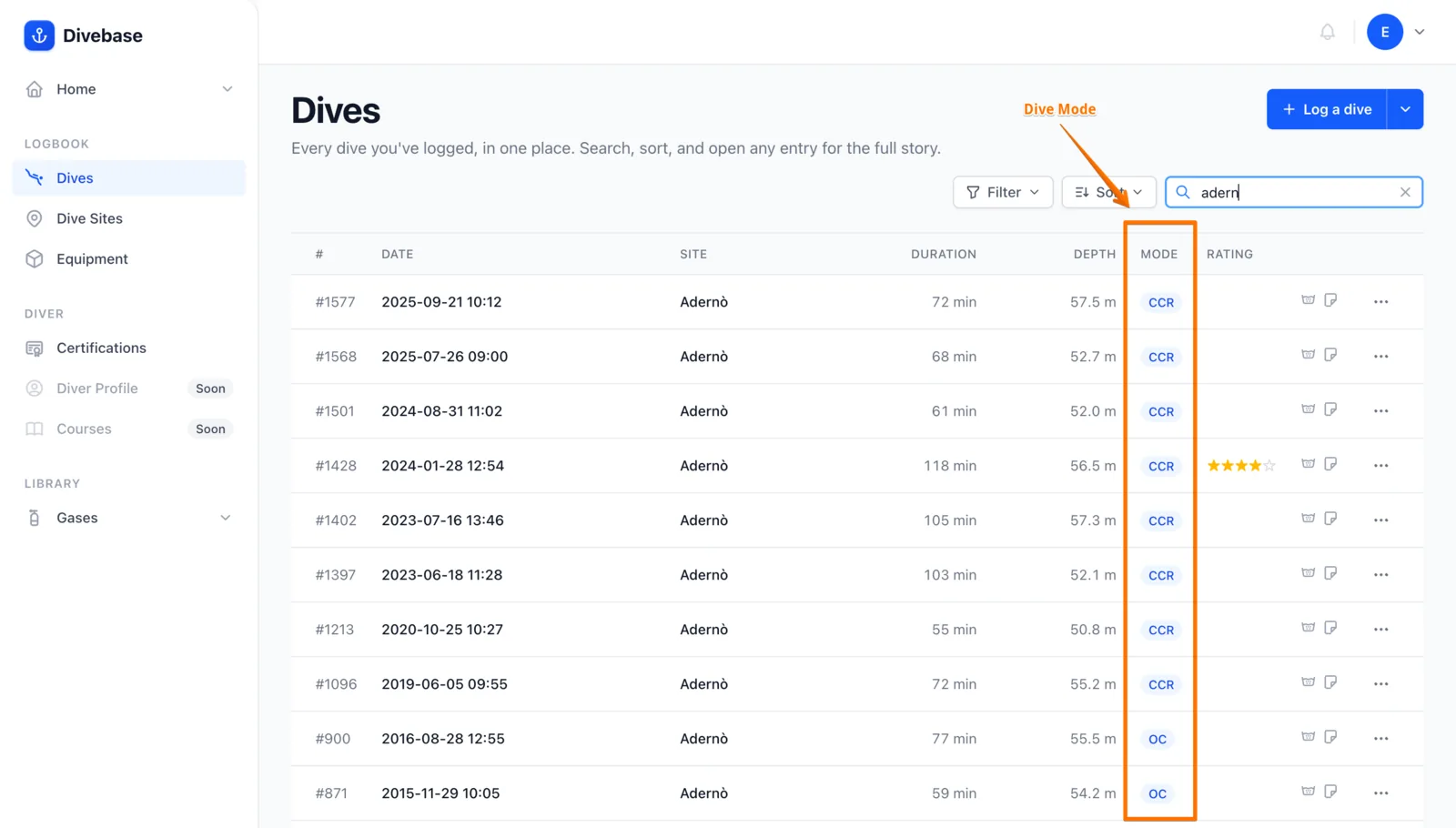 The Divebase dive list, each dive's mode shown alongside its date, site, depth, and duration