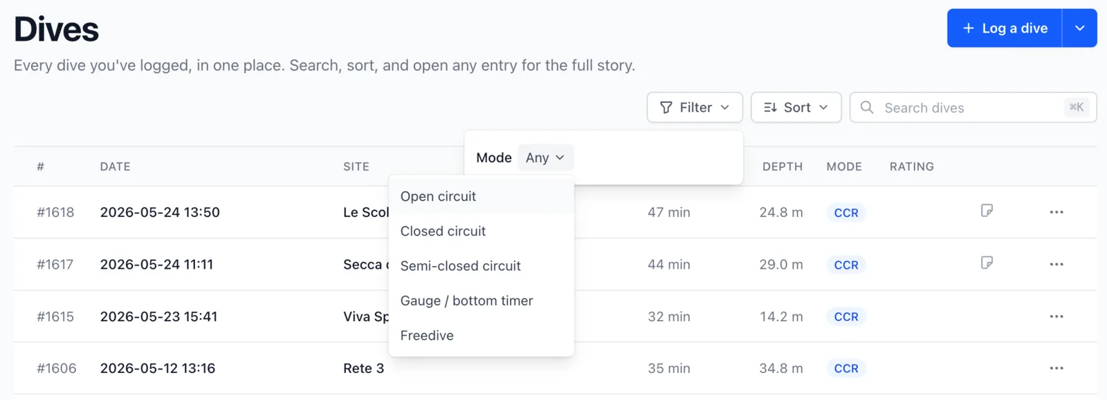 The Divebase dive list filter, with dive mode as one of the options