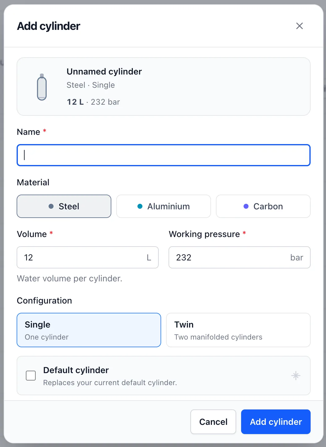 The Divebase "Add cylinder" form, with its name, material, volume, working pressure, and single-or-twin fields