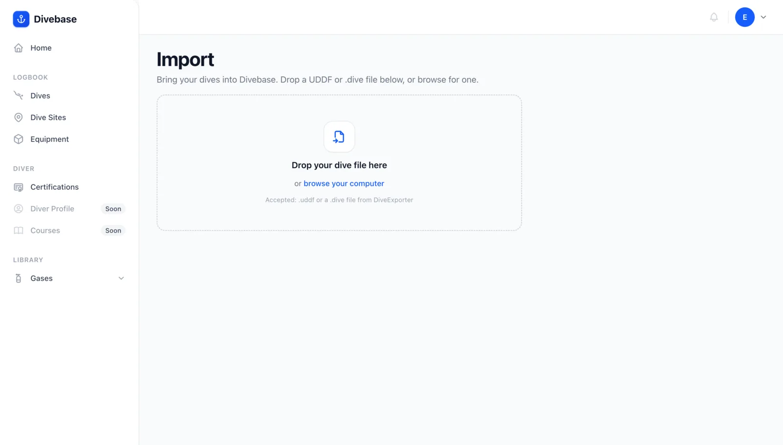 The Divebase Import screen, with a drop zone for a UDDF or .dive file