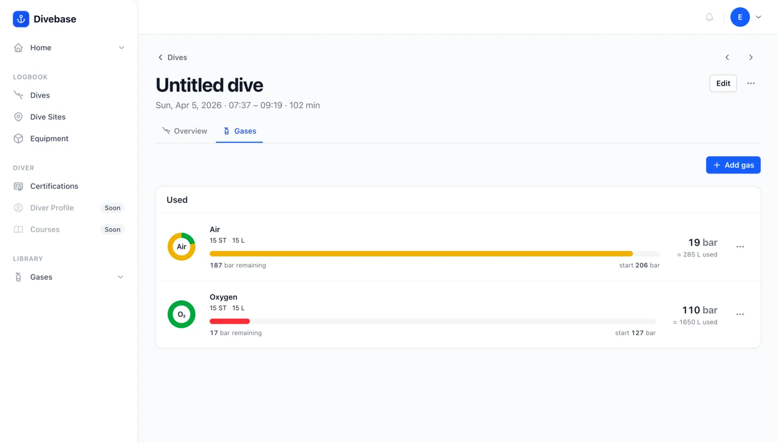The Divebase Gases tab on the imported dive, the gas list and consumption read from the Halcyon Tank Pod