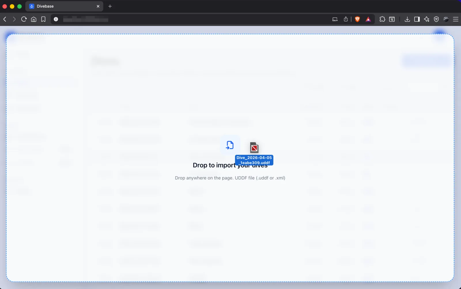 Three ways to start a UDDF import in Divebase: the Import & Export menu, the Log a dive dropdown, and drag-and-drop