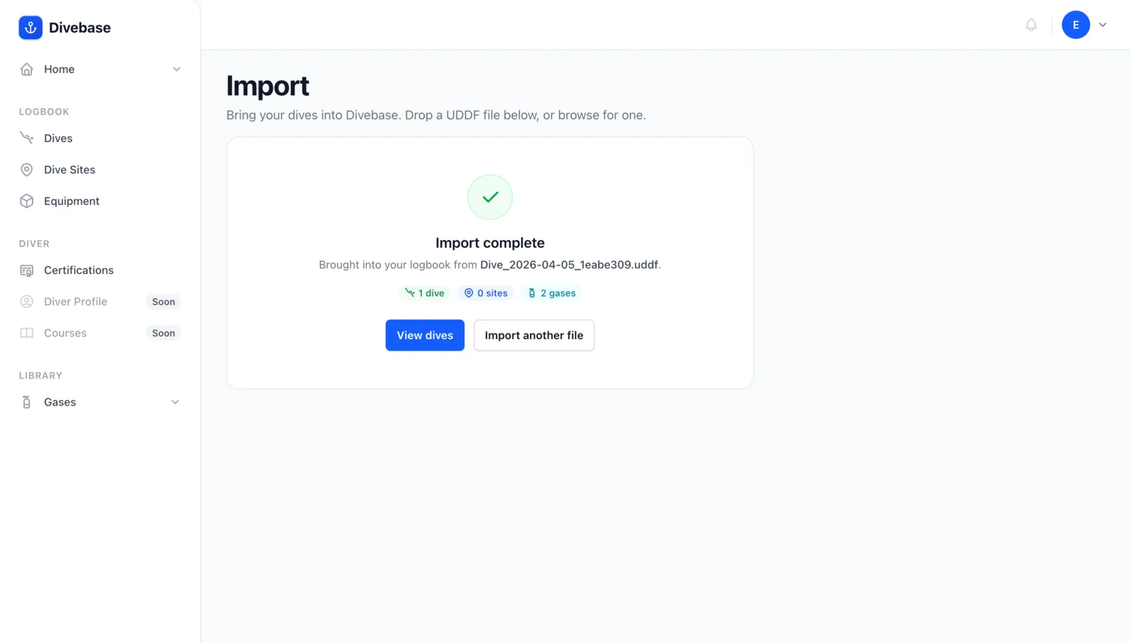 A Divebase UDDF import summary, listing the dives, sites, and other resources that were imported