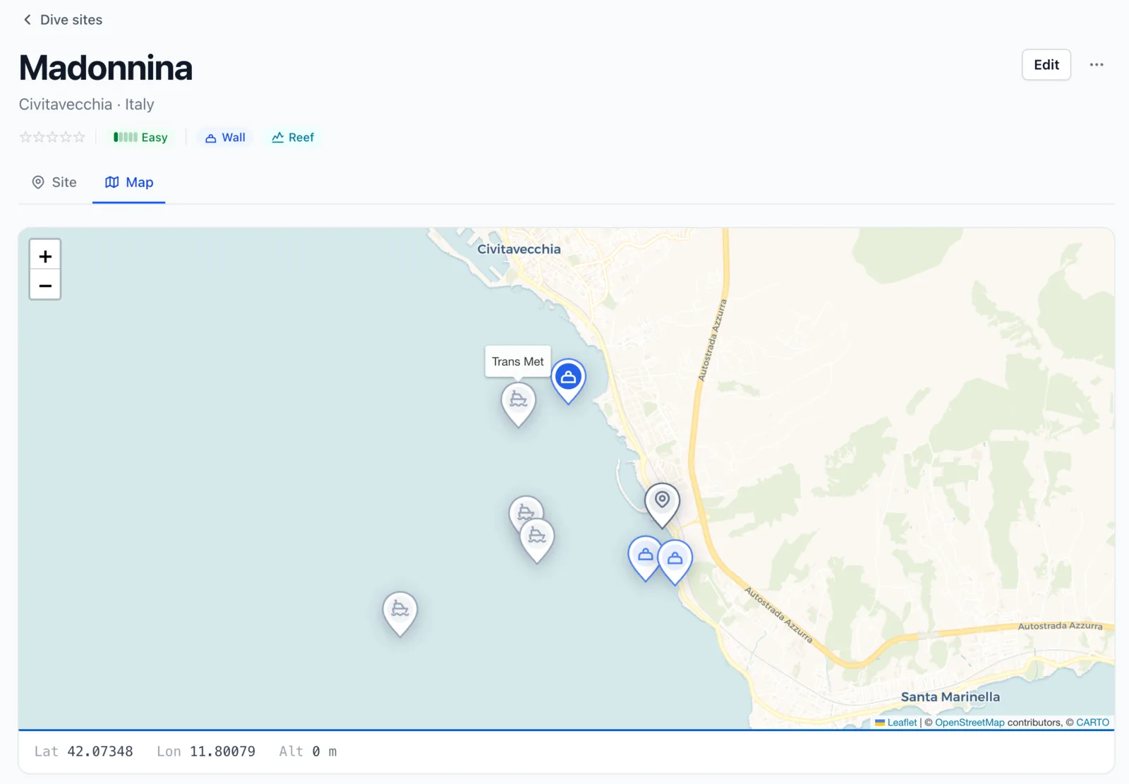 A Divebase map of dive sites near Civitavecchia, Italy: the selected site as a blue pin, surrounding sites colour-coded by their primary interest