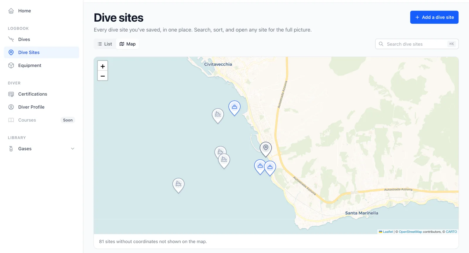 The Divebase dive sites map, each pin carrying the icon of its dive site's primary interest