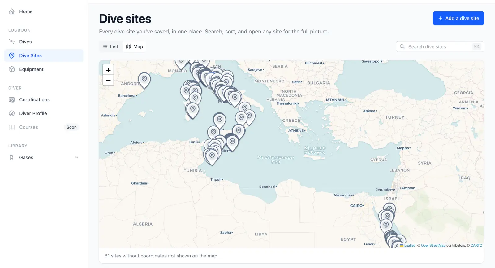The Divebase dive sites map, every saved site plotted across the Mediterranean with a search box above the map