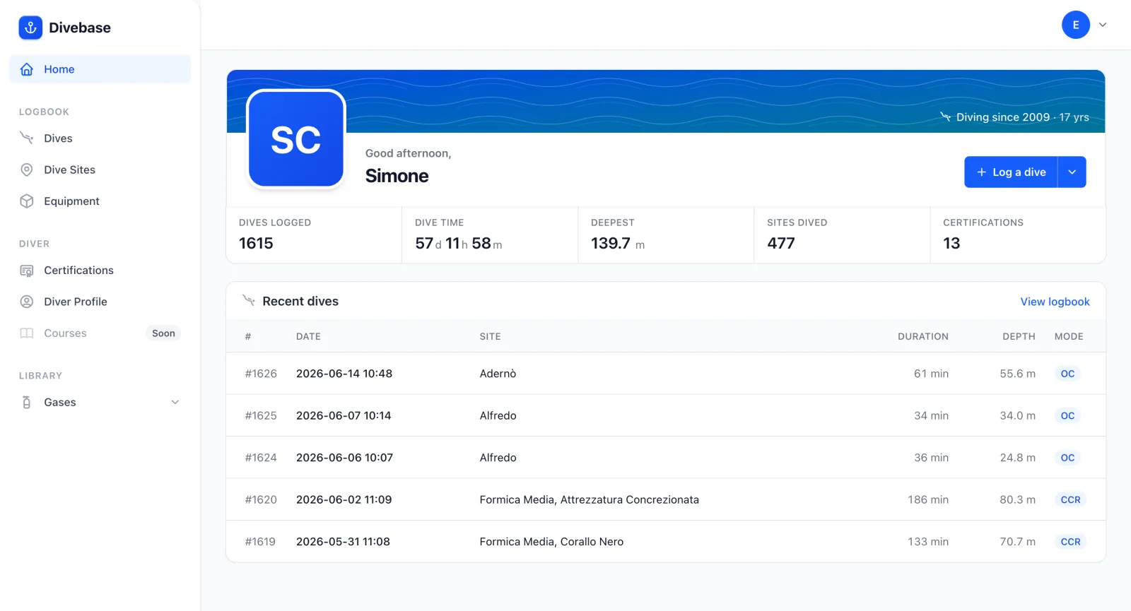 The Divebase home page greeting the diver by name above their logbook stats