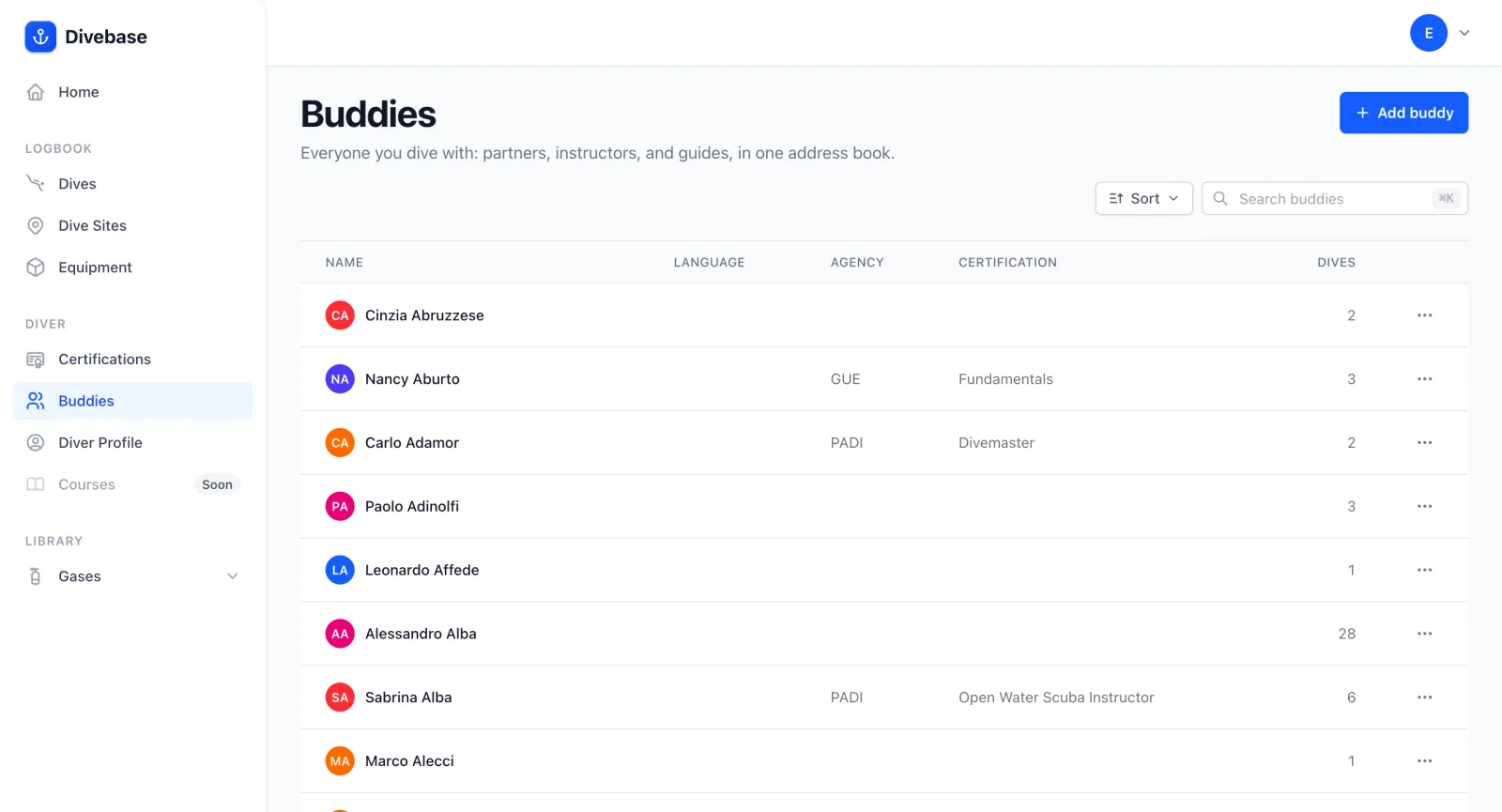 The Divebase Buddies section, an address book of every dive buddy with search and sort