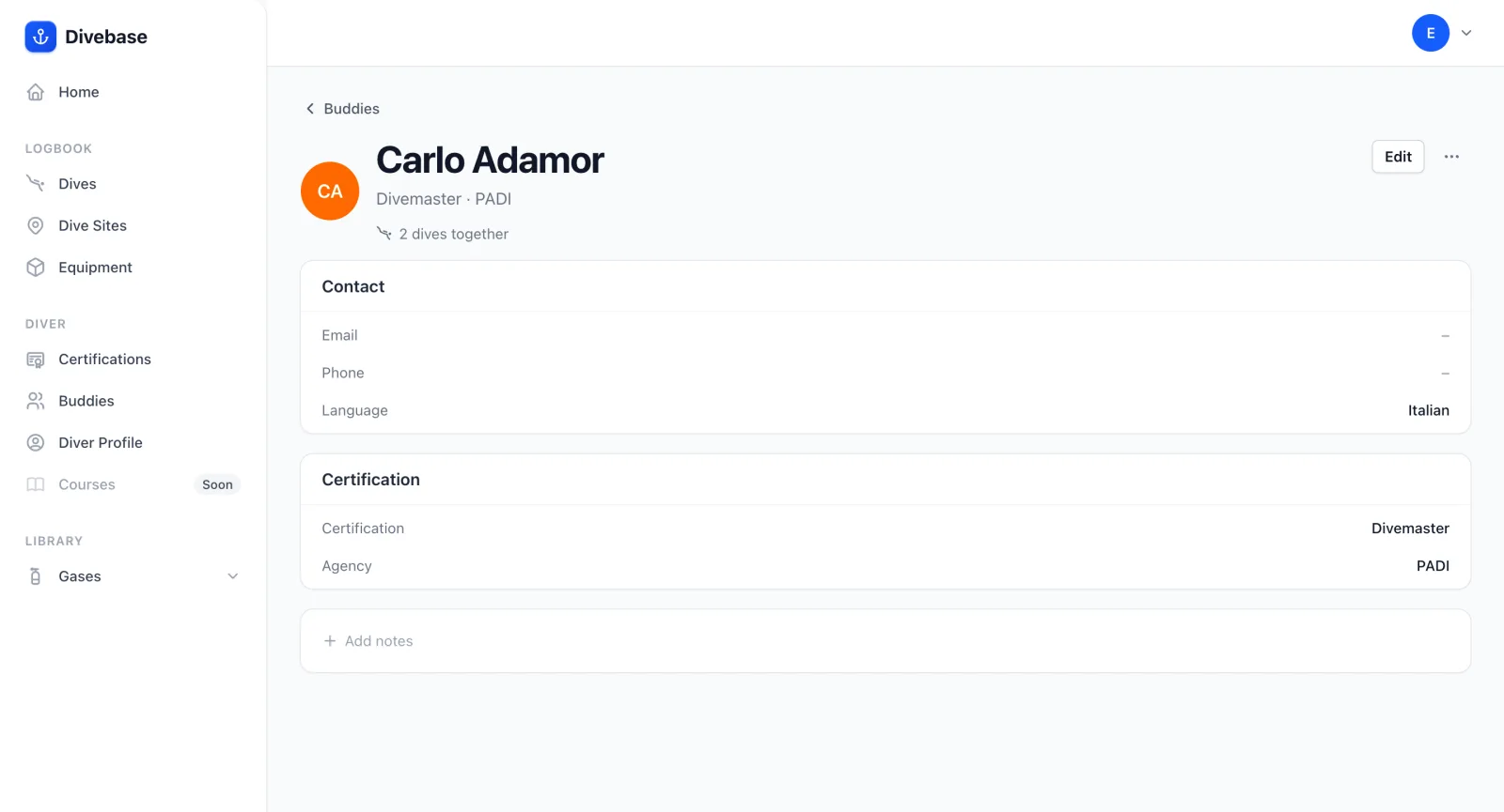 A Divebase buddy detail page showing certification, agency, language, and contact details