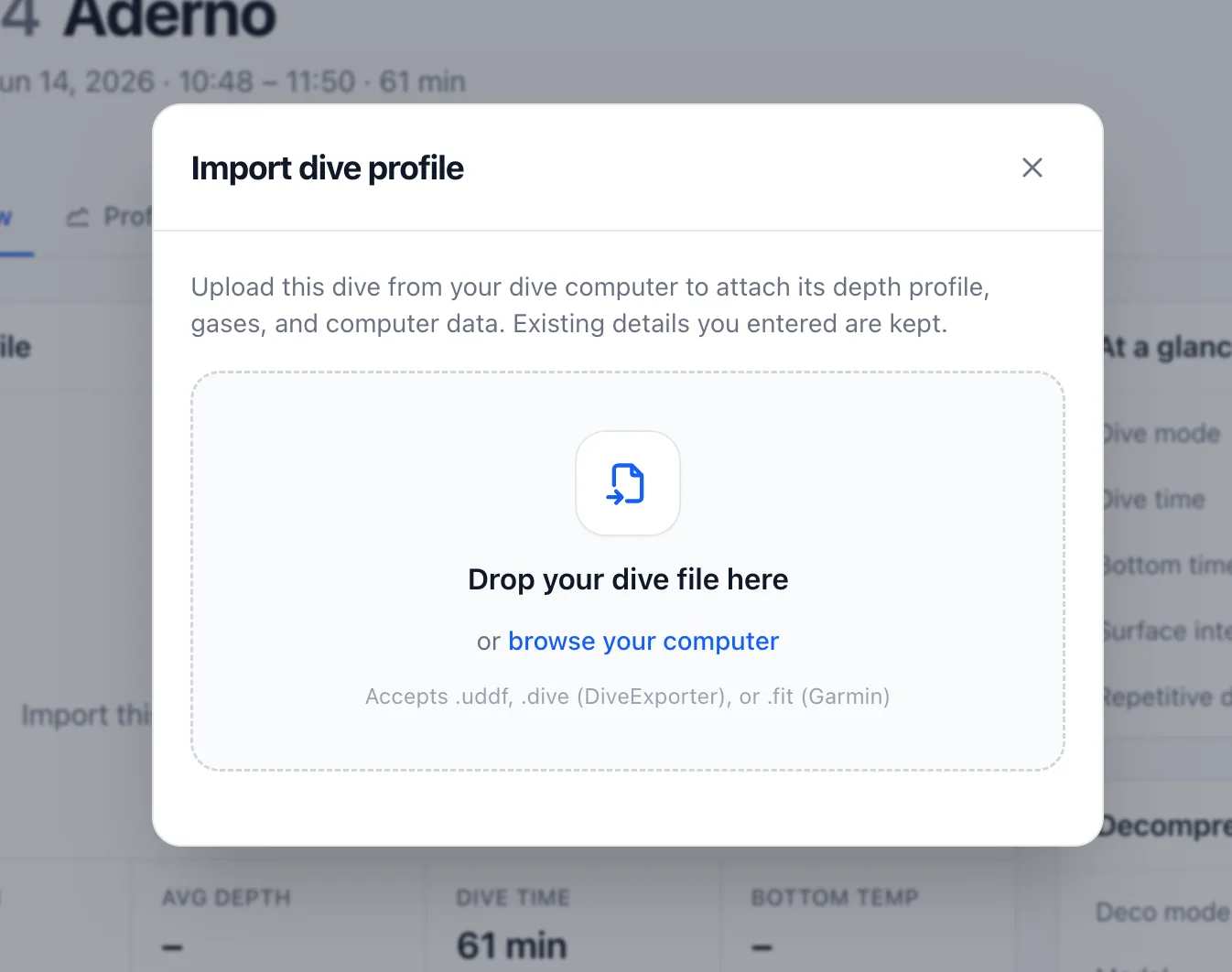 The Import dive profile action on a Divebase dive, with a dialog to upload a supported format such as UDDF