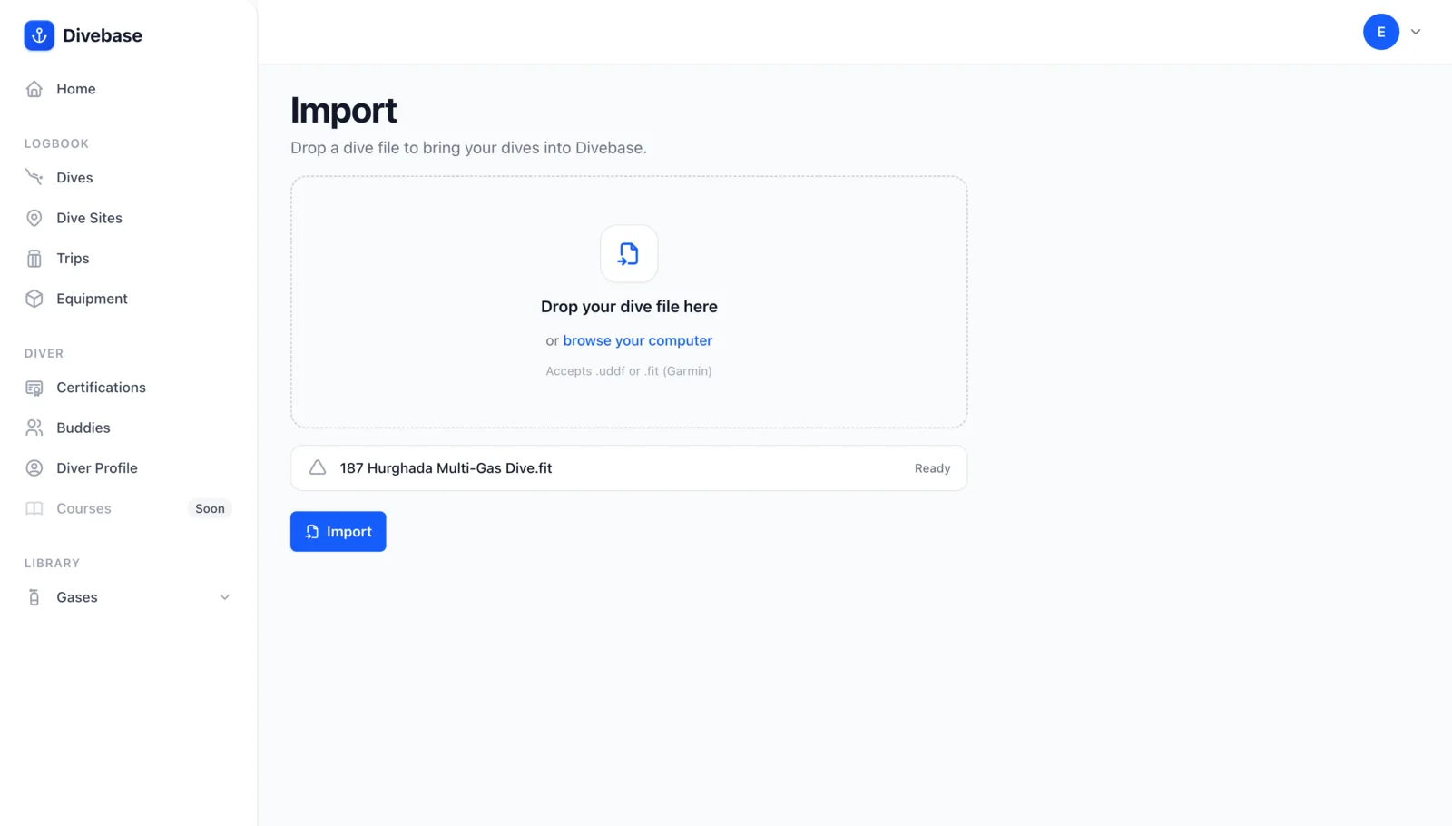 The Divebase Import screen with a Garmin FIT file staged and ready to import