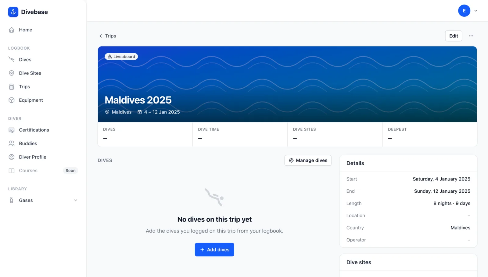 A newly created Divebase trip with no dives yet, prompting you to add the dives you logged on this trip