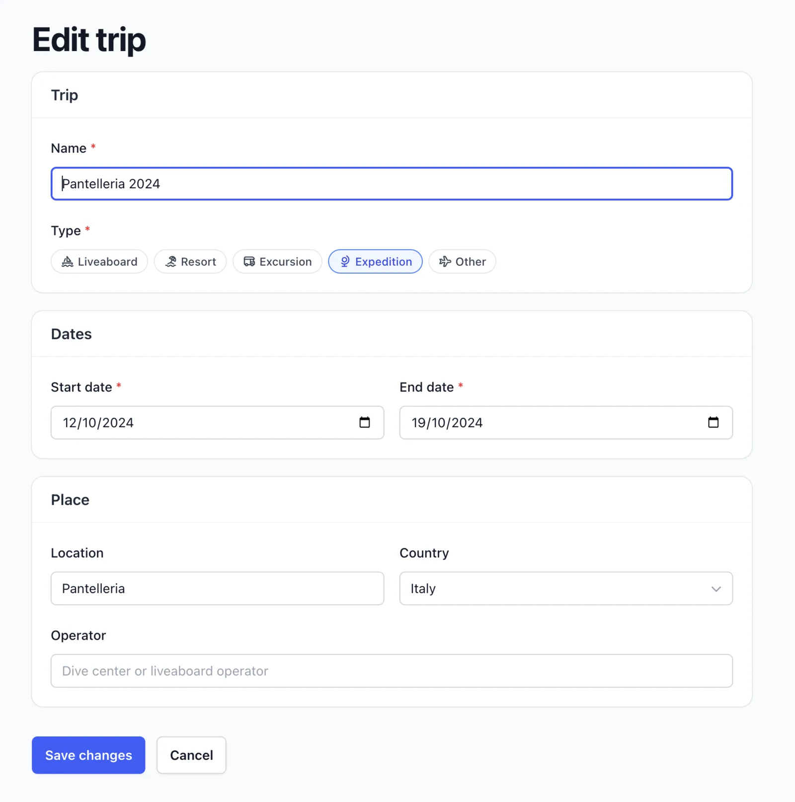 The Divebase trip editor, with fields for name, type, start and end dates, location, country and operator