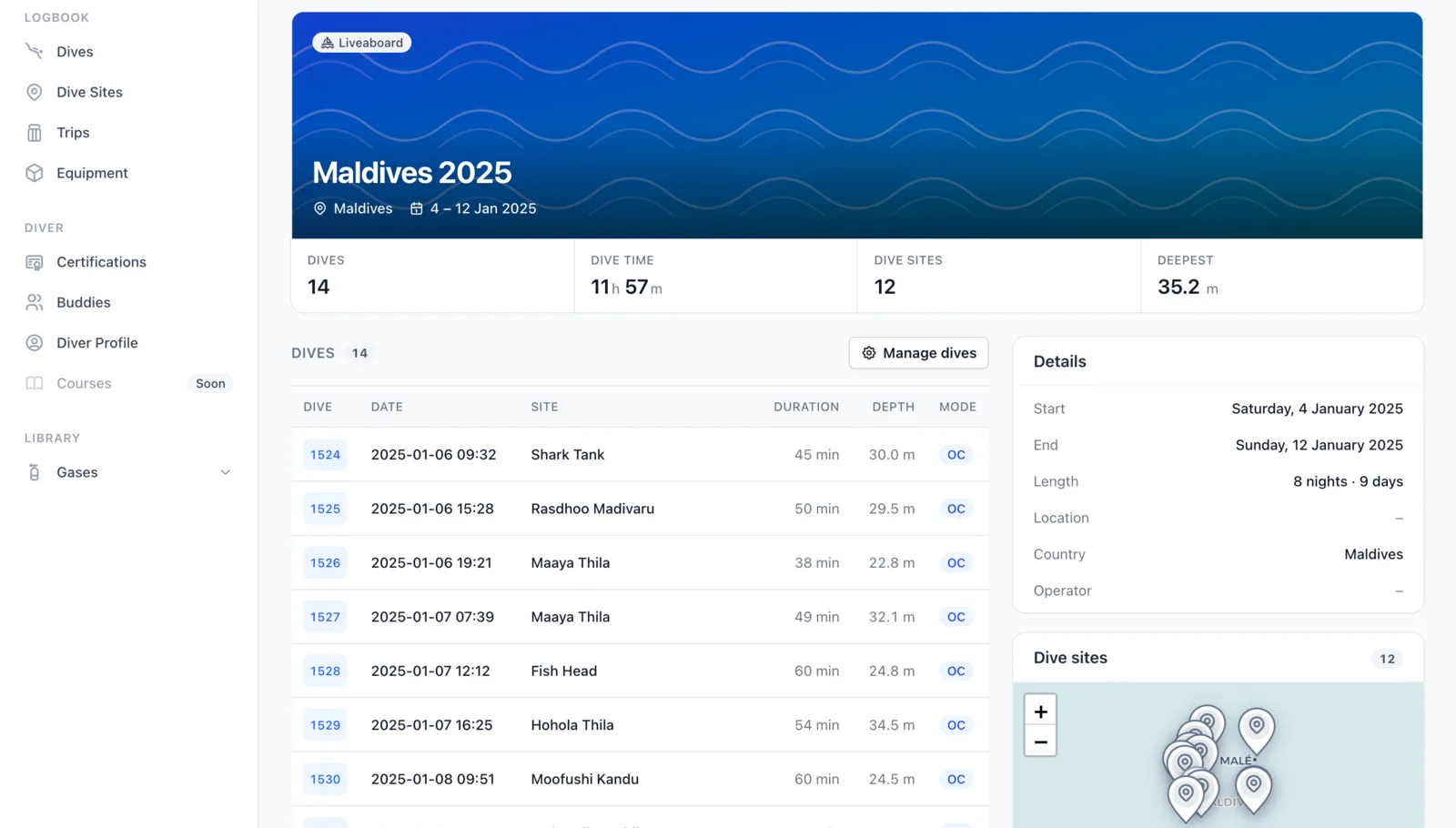A Divebase trip page for a Maldives liveaboard, showing the dive count, total dive time, sites and deepest dive up top, the full list of dives, and a map of every site visited