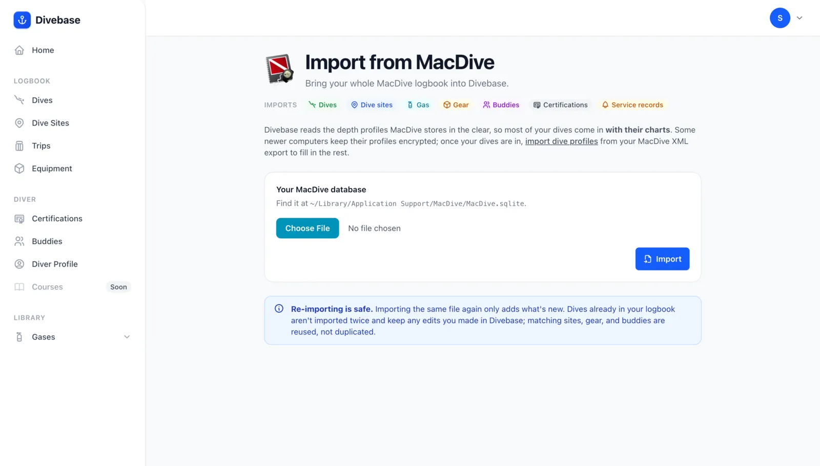 The Divebase MacDive import section, showing what the import brings in and a drop zone for the MacDive database file