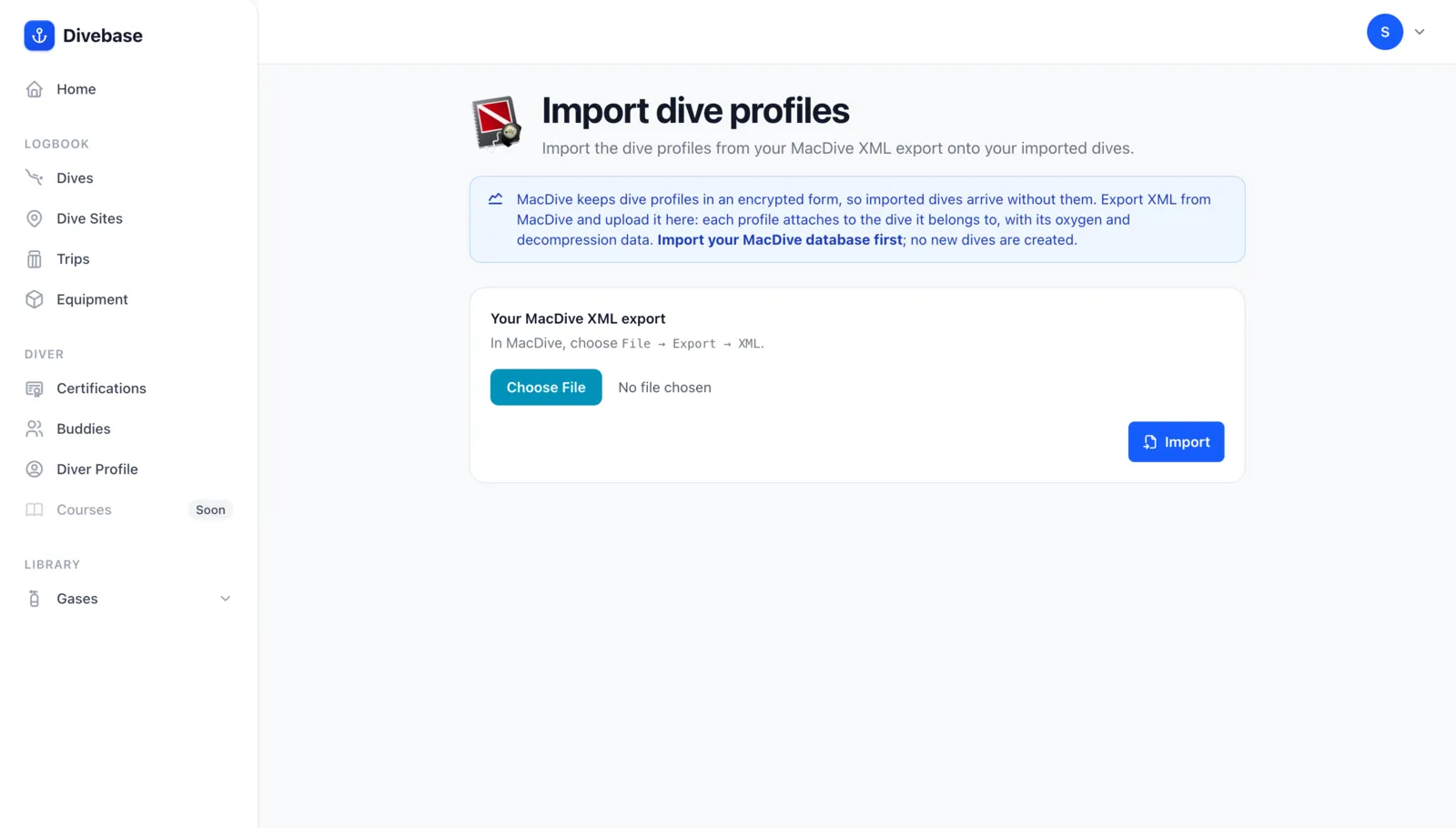 The Divebase Import dive profiles page, explaining the encrypted profiles and offering an upload for the MacDive XML export
