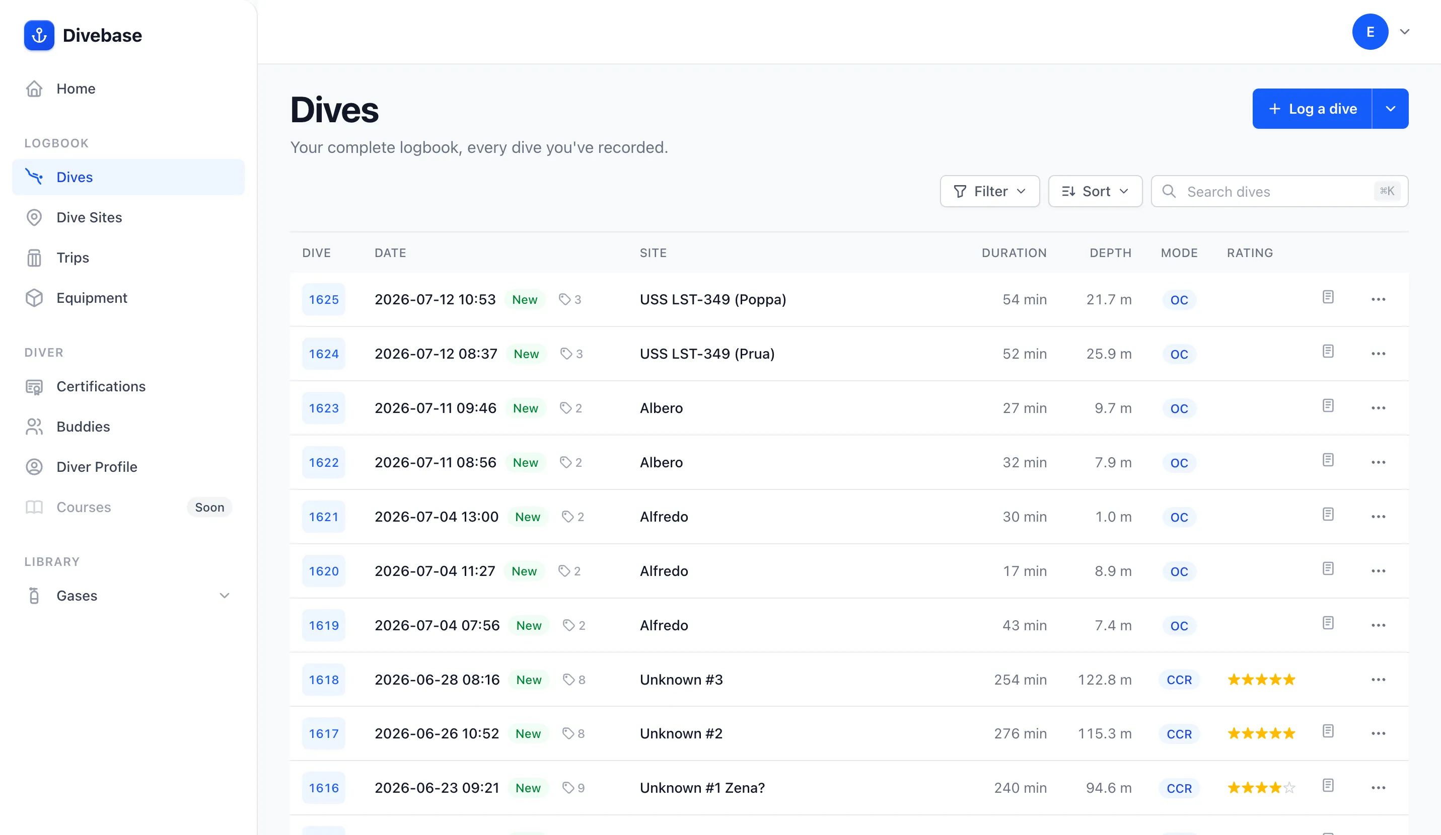 The Divebase dives list, every row carrying a tag icon and a count beside its date