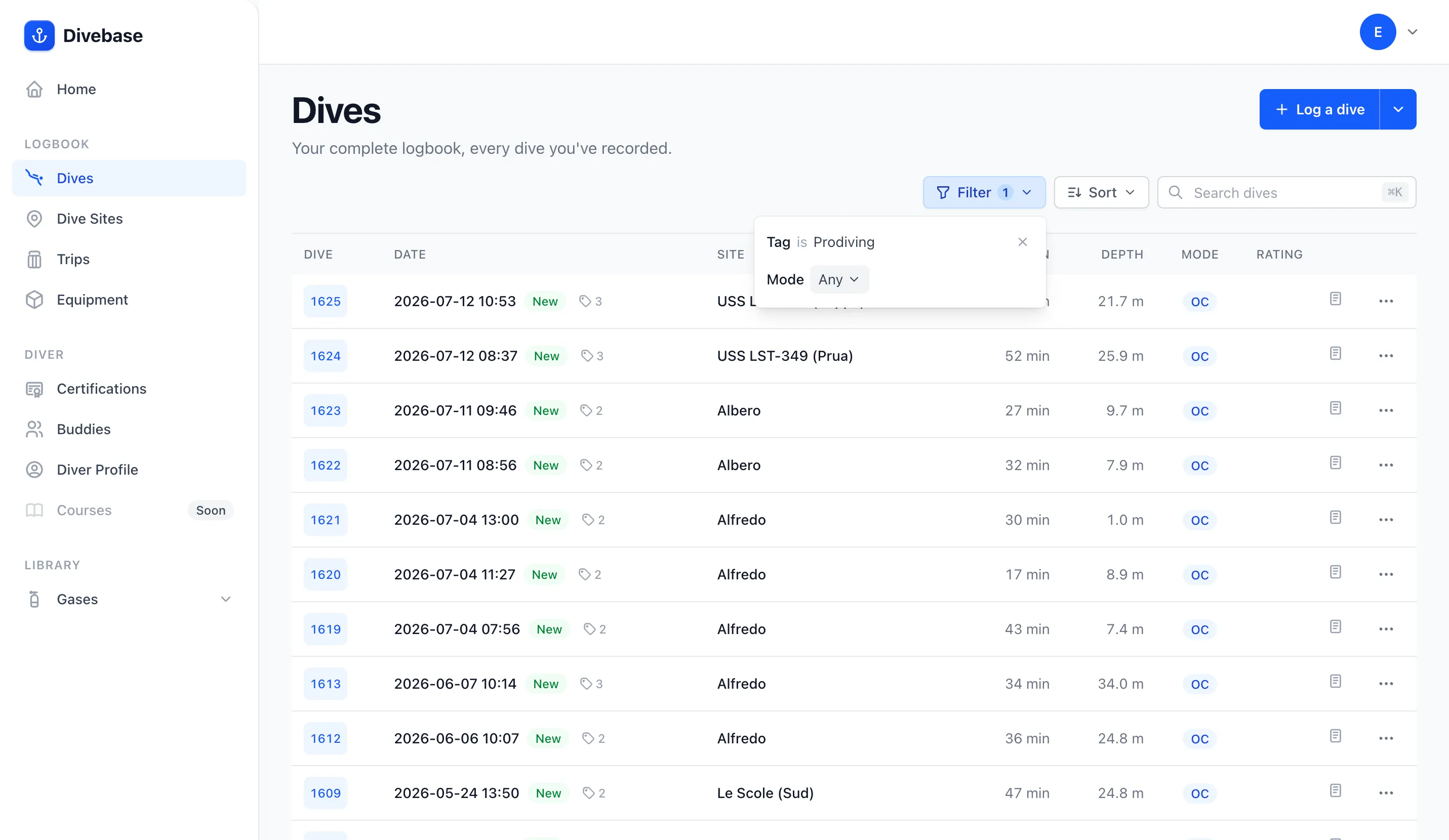 The Divebase dives list filtered to one tag, the Filter control marked with a 1 and its panel showing "Tag is Prodiving" as the active condition, with a control to remove it