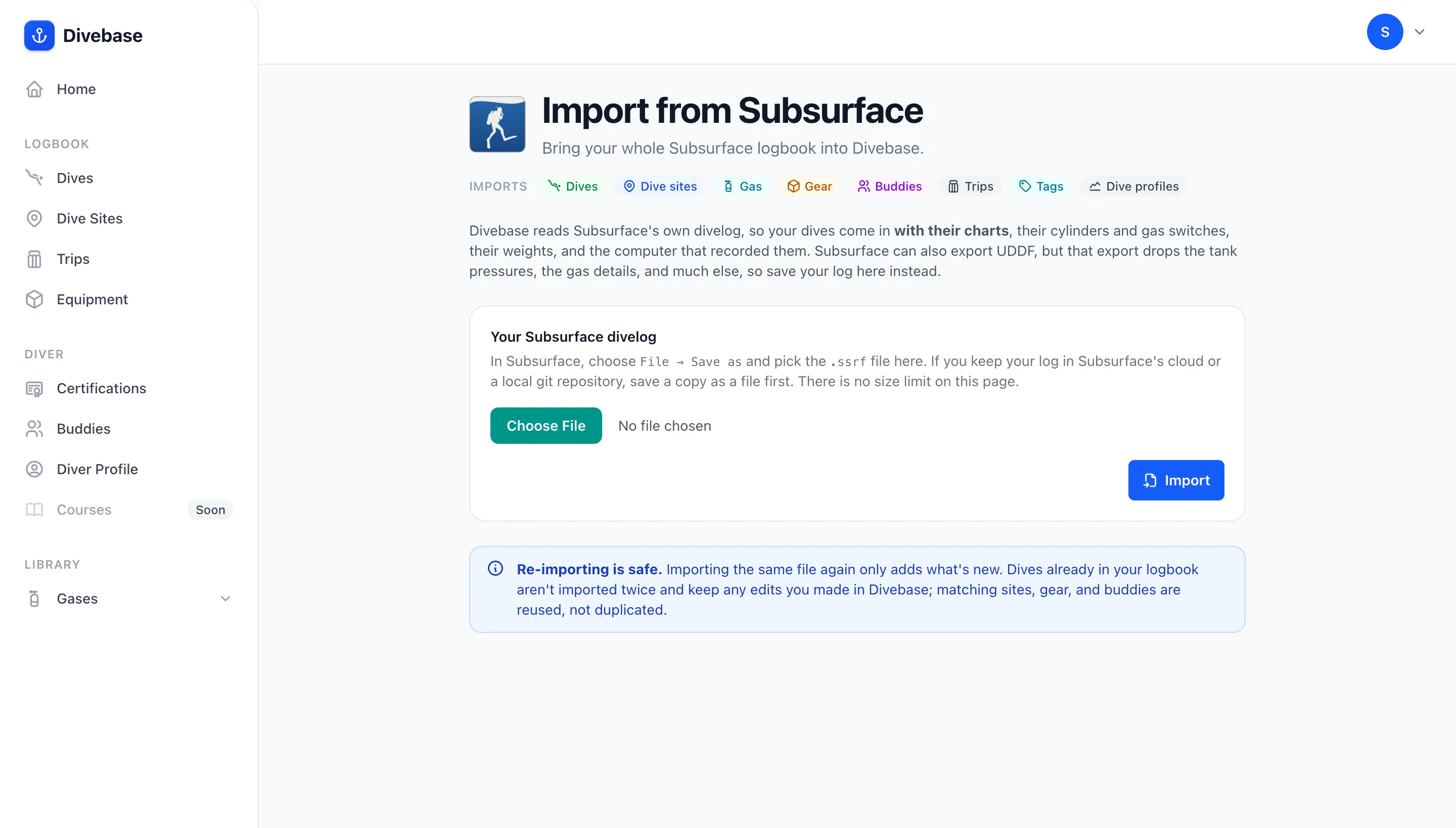 The Divebase Subsurface import section, showing what the import brings in and an upload for the .ssrf divelog file