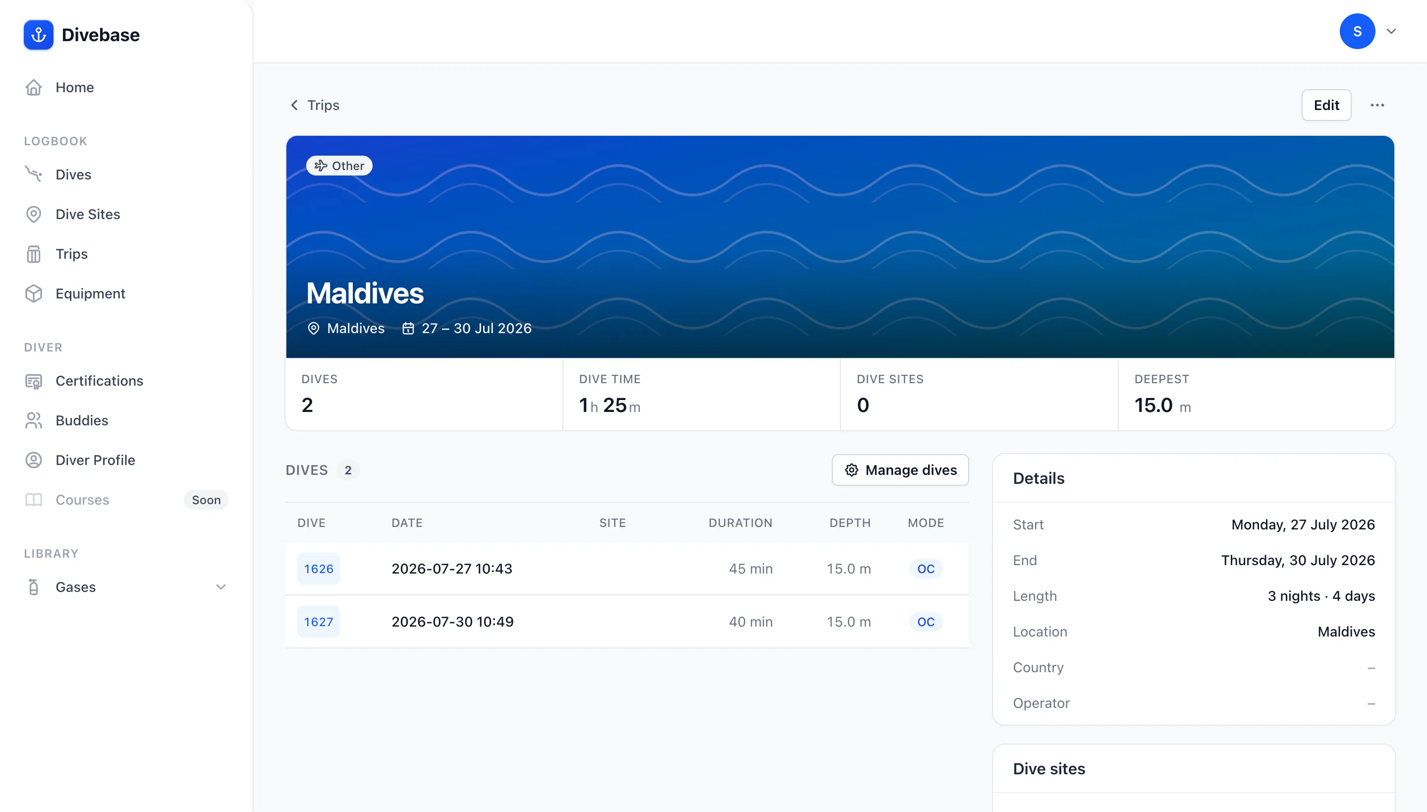 A trip named Maldives in Divebase, created by the Subsurface import, showing 27 to 30 July, its two dives with their durations and depths, and an Other type chip
