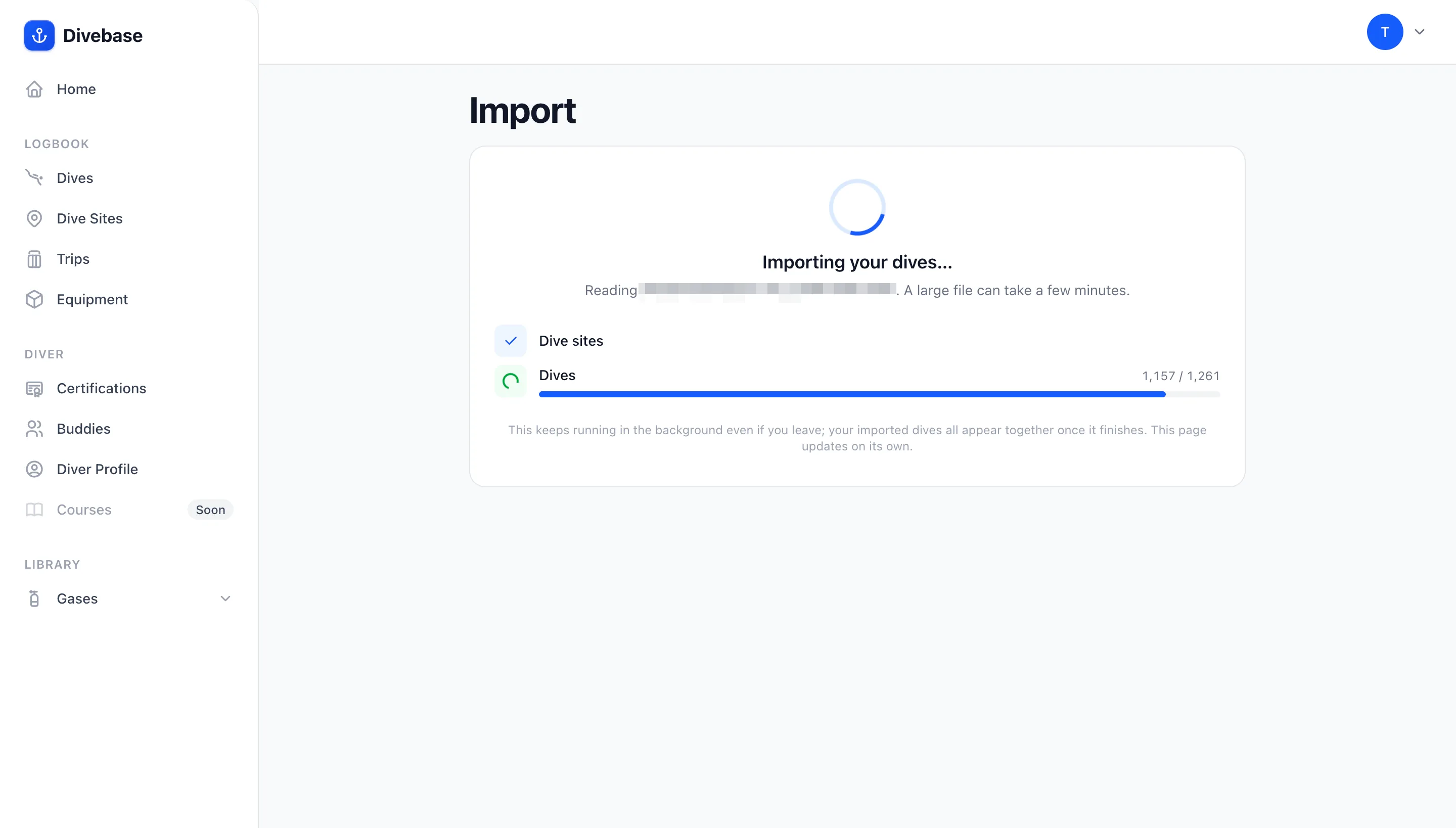 The Divebase import status page for a running Shearwater Cloud import, dive sites ticked off and dives in progress at 1,157 of 1,261