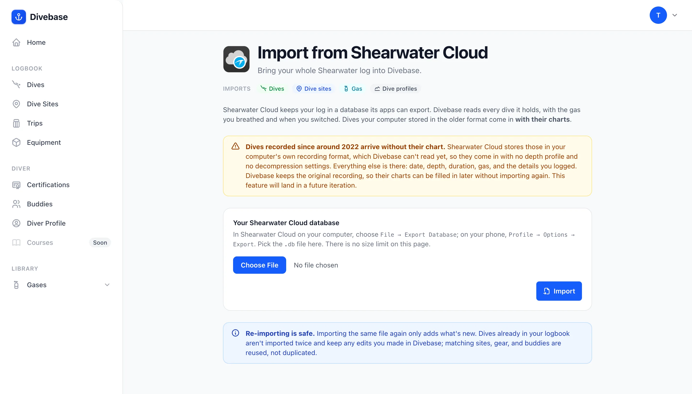 The Divebase Shearwater Cloud import section, showing what the import brings in, a warning that dives recorded since around 2022 arrive without their chart, and an upload for the database file