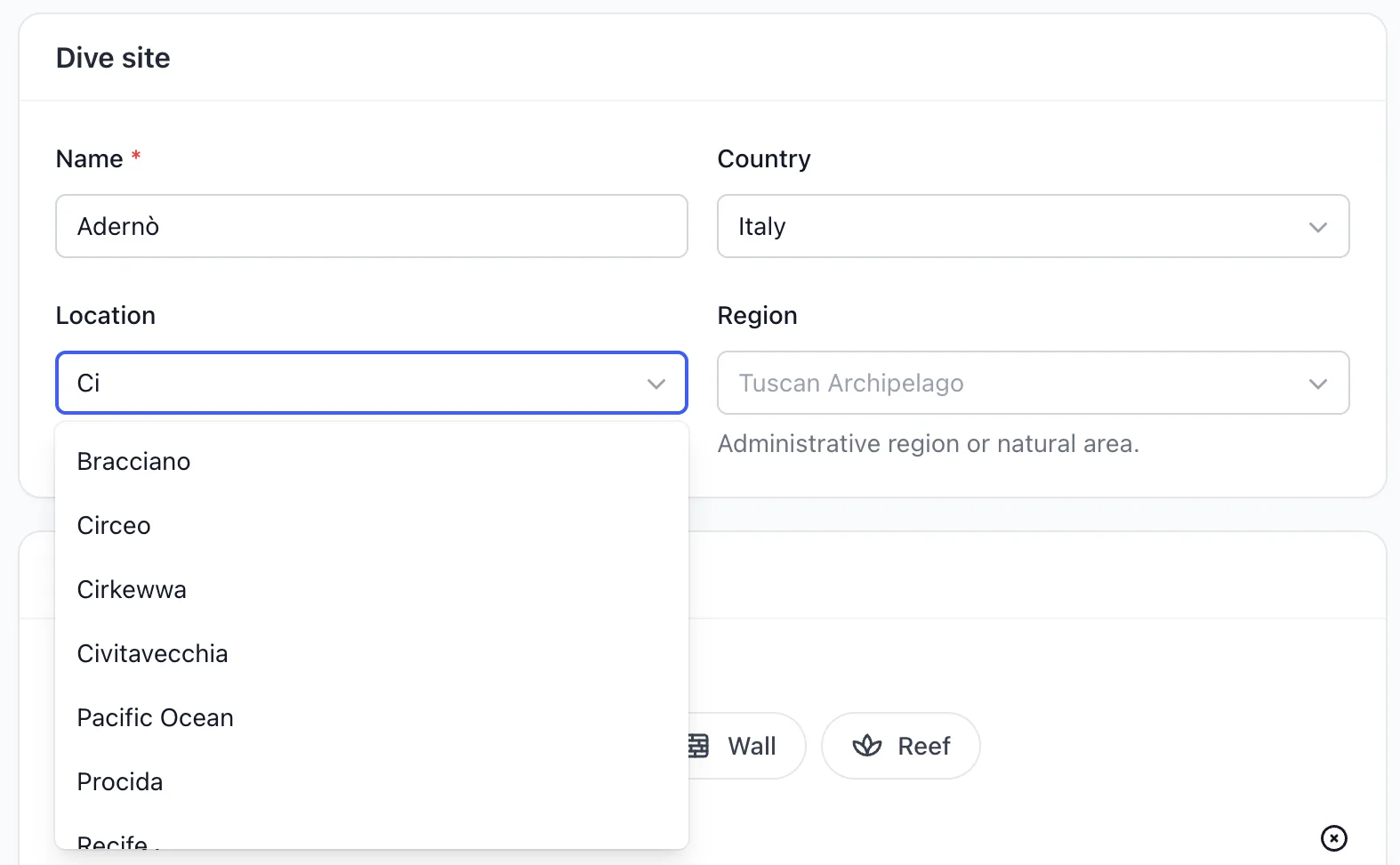 The Location field on the Divebase dive site form with "Ci" typed, its suggestion panel narrowed to the locations the diver already named on other sites